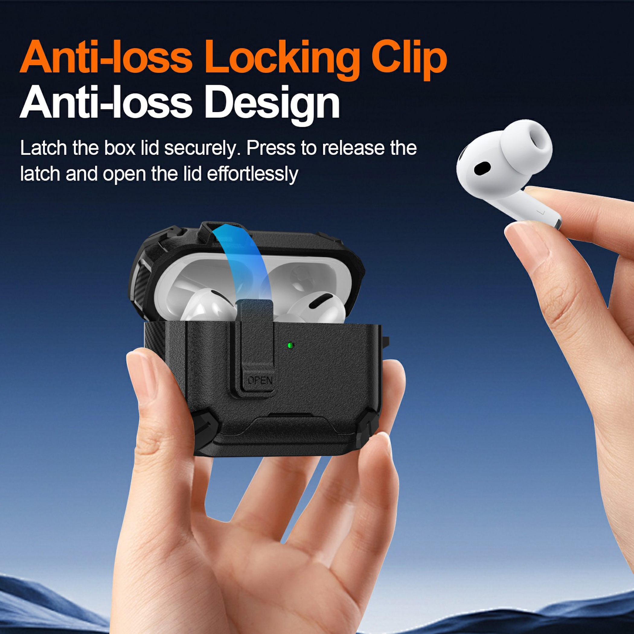 Manos sosteniendo estuche de carga negro con auriculares blancos. Se muestra un auricular.