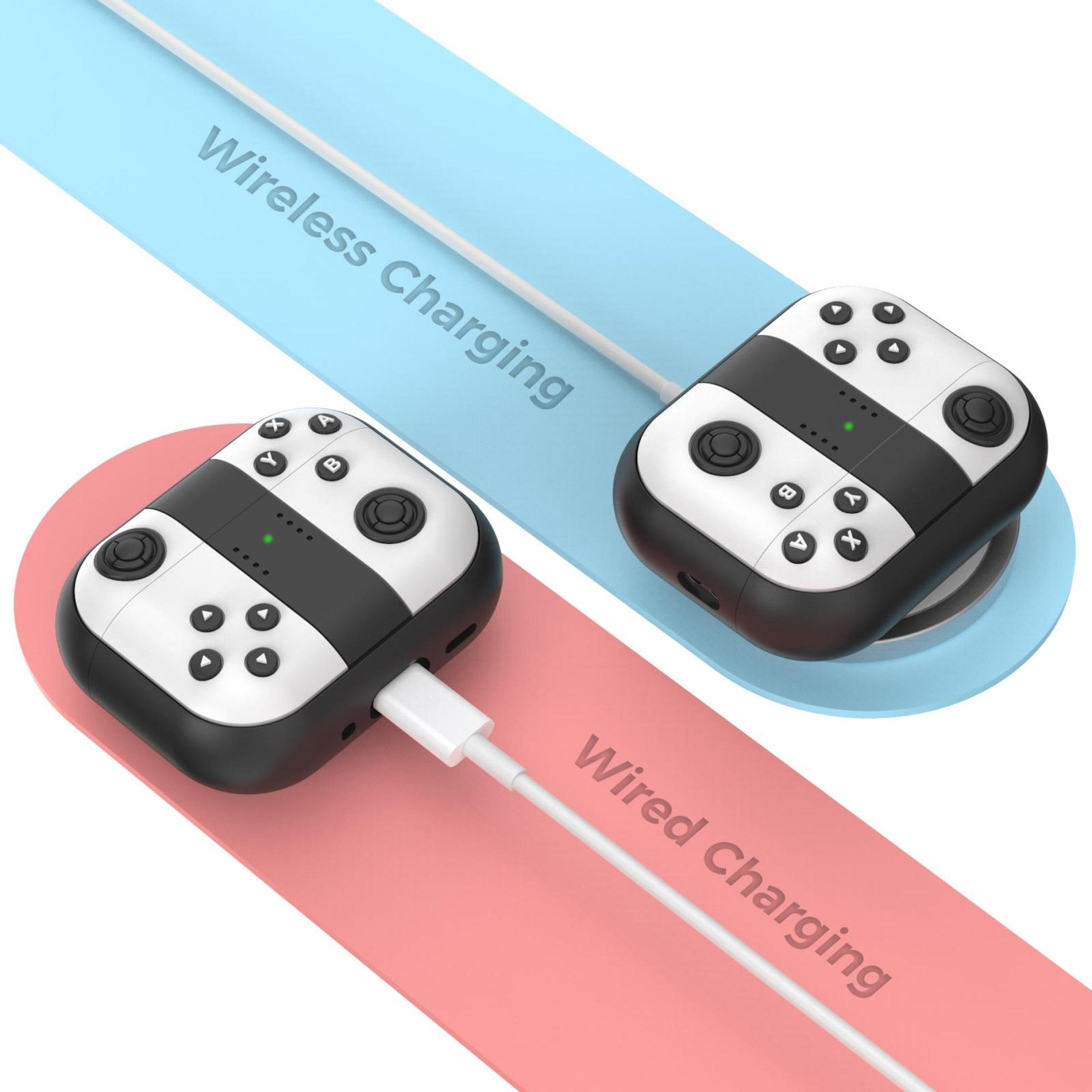 Zwei schwarze und weiße Controller, einer drahtlos, einer kabelgebunden geladen.