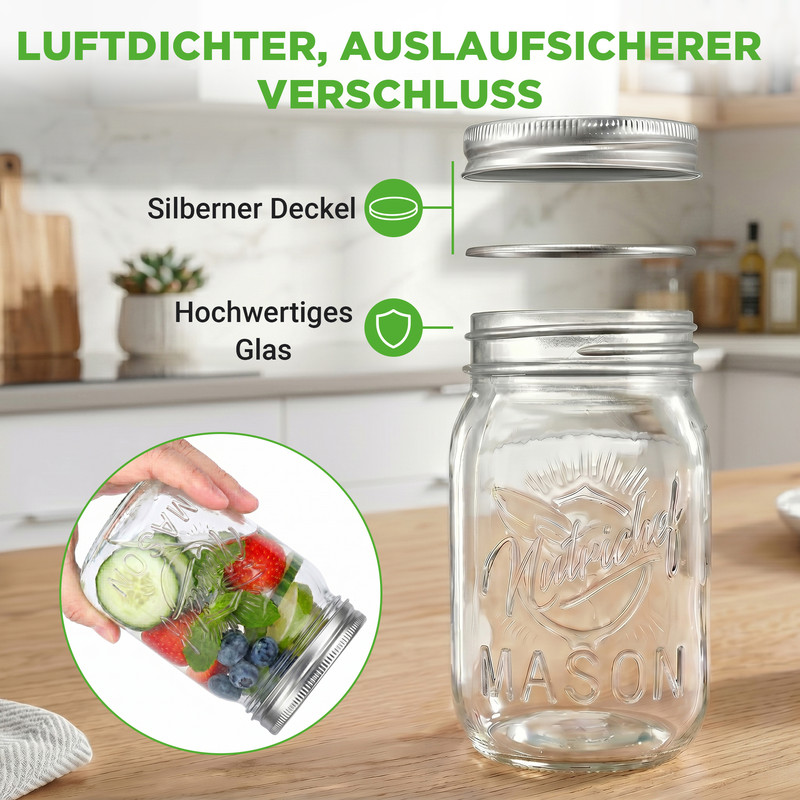 Ein Glas mit silbernem Deckel und Dichtung, daneben ein Glas mit Früchten.