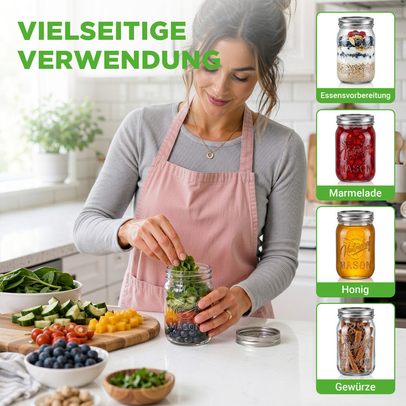 Frau füllt Salat in ein Glas. Daneben sind Gläser mit Marmelade, Honig und Gewürzen.