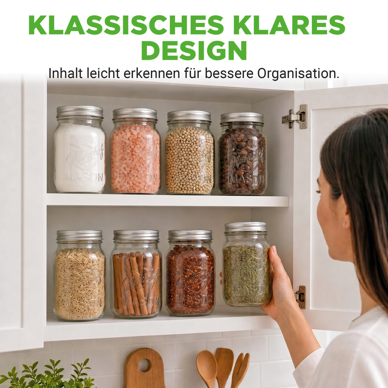 Frau schaut in einen offenen Küchenschrank mit 7 gefüllten Einmachgläsern auf zwei Regalen.