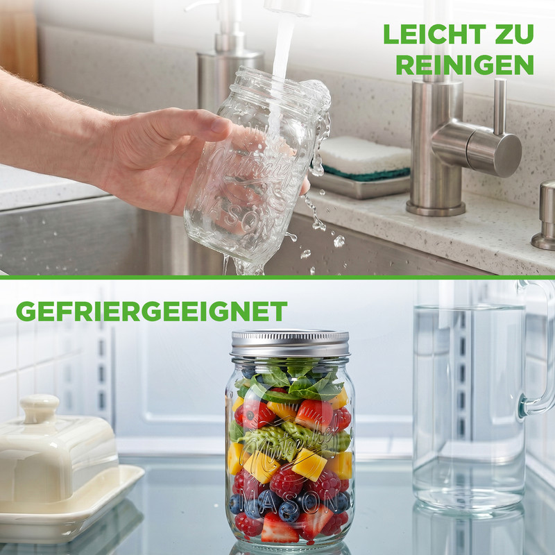 Ein Glas wird unter fließendem Wasser gespült. Unten ein gefülltes Glas mit Obst im Kühlschrank.