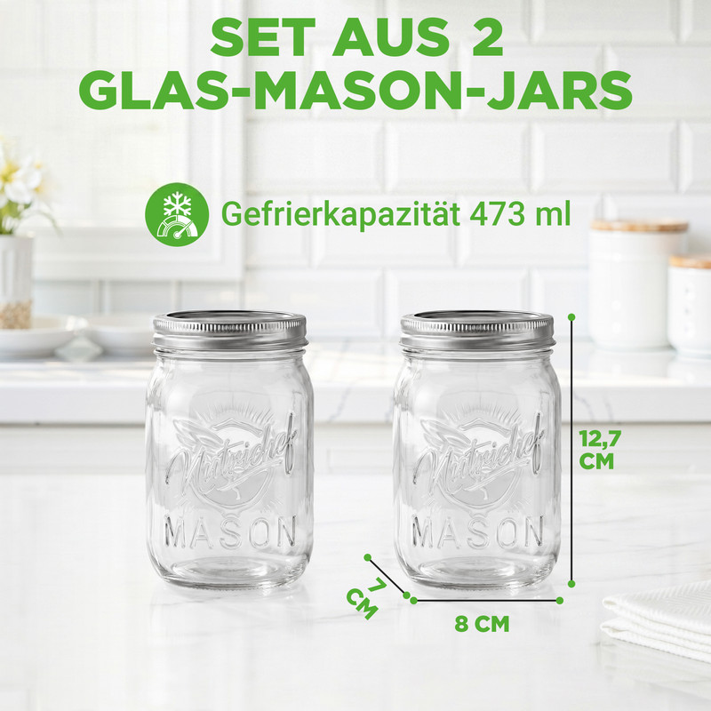 Zwei Glas-Einmachgläser mit silbernen Deckeln, Maße 12,7x8 cm.
