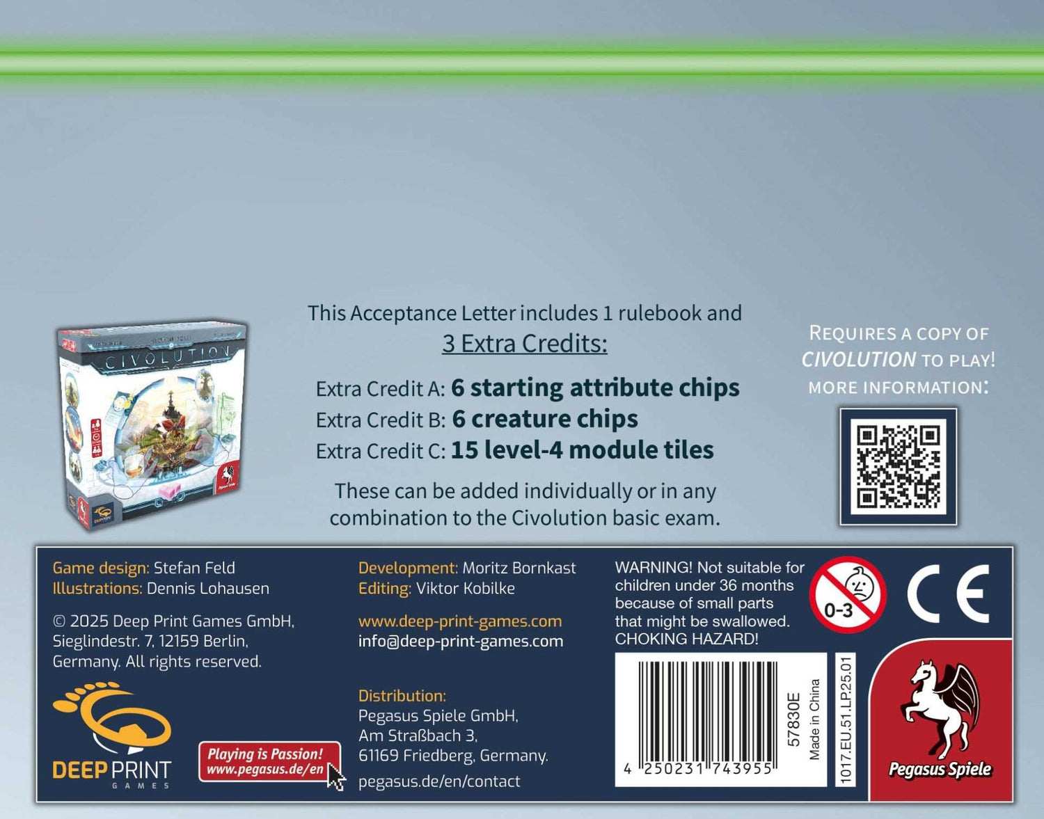 Box mit Spiel "Civolution" und Zusatzinformationen zu Credits, Warnhinweisen und Hersteller.