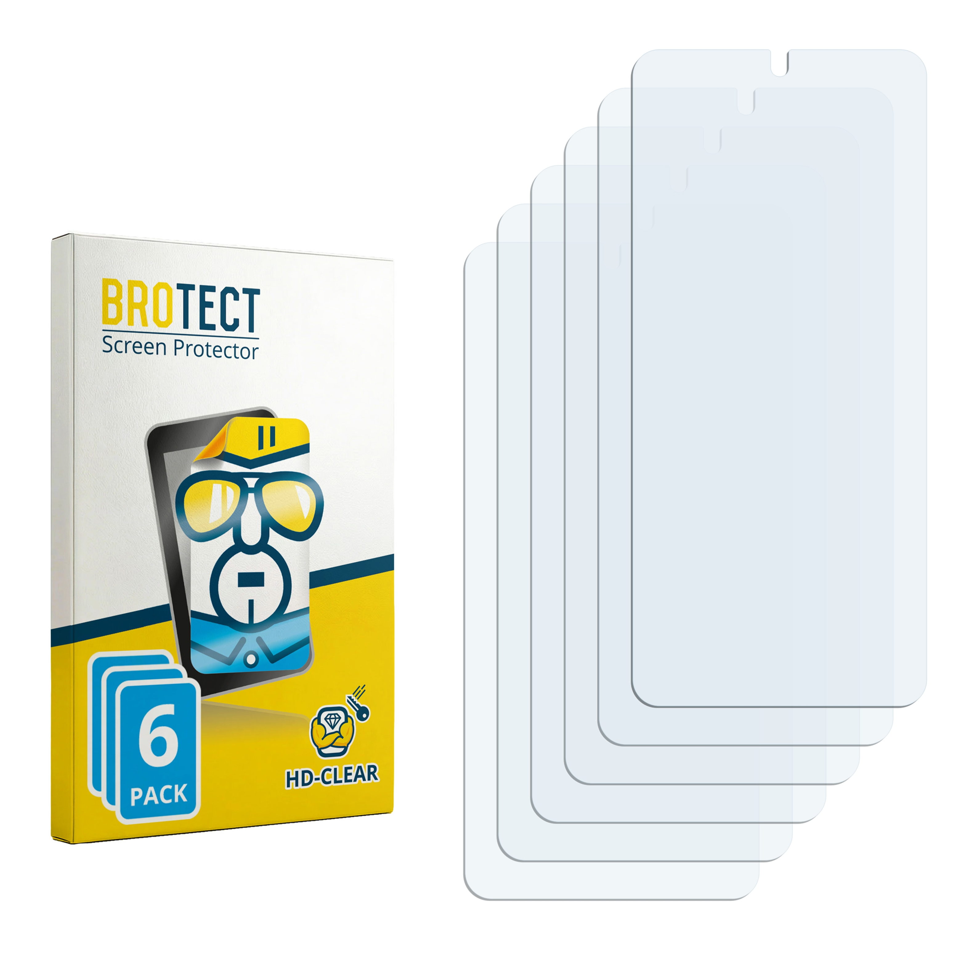 Packung mit 6 Displayschutzfolien von BROTECT, transparent, mit HD-Clear-Logo.