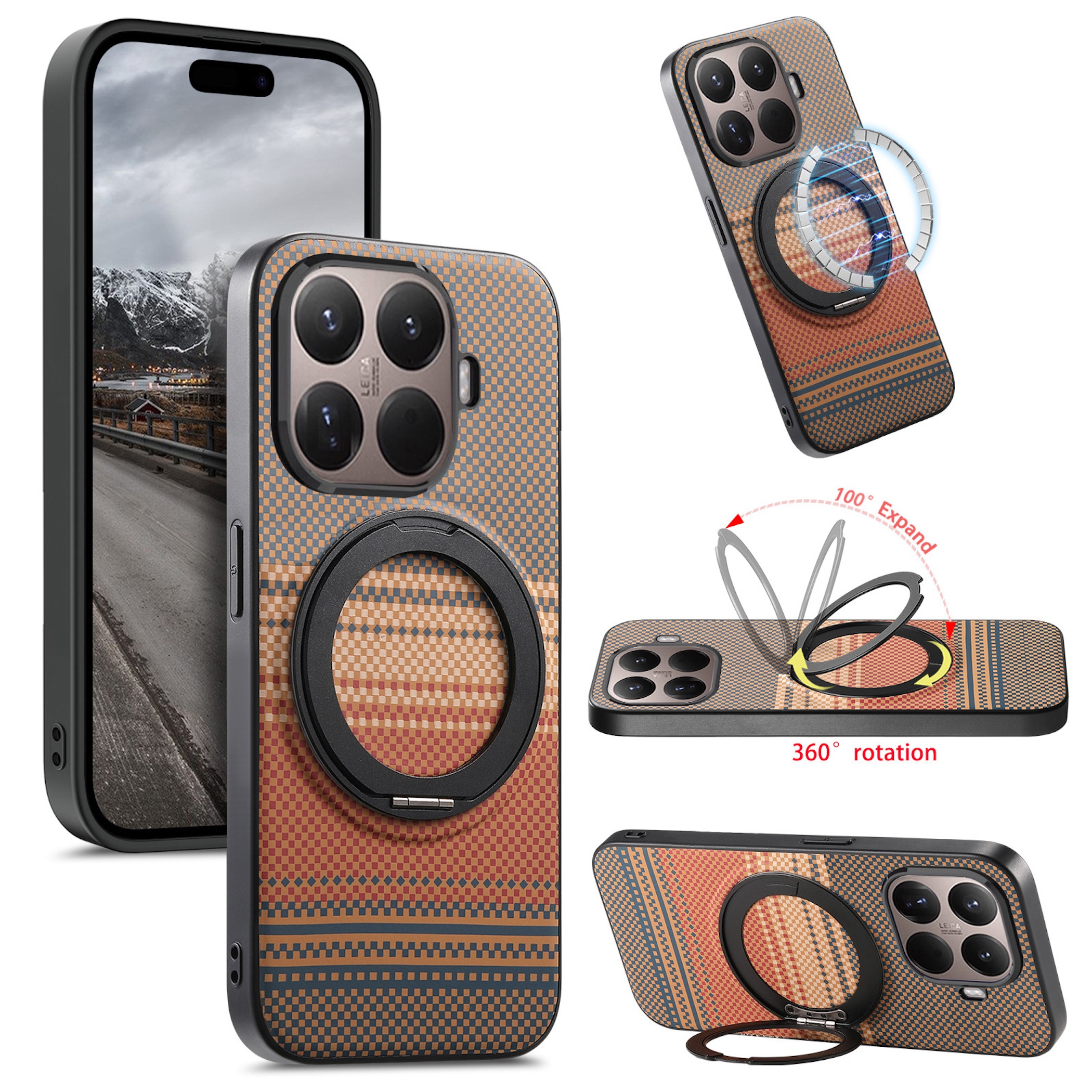 Funda de teléfono con soporte de anillo, con patrón a cuadros marrón y azul.