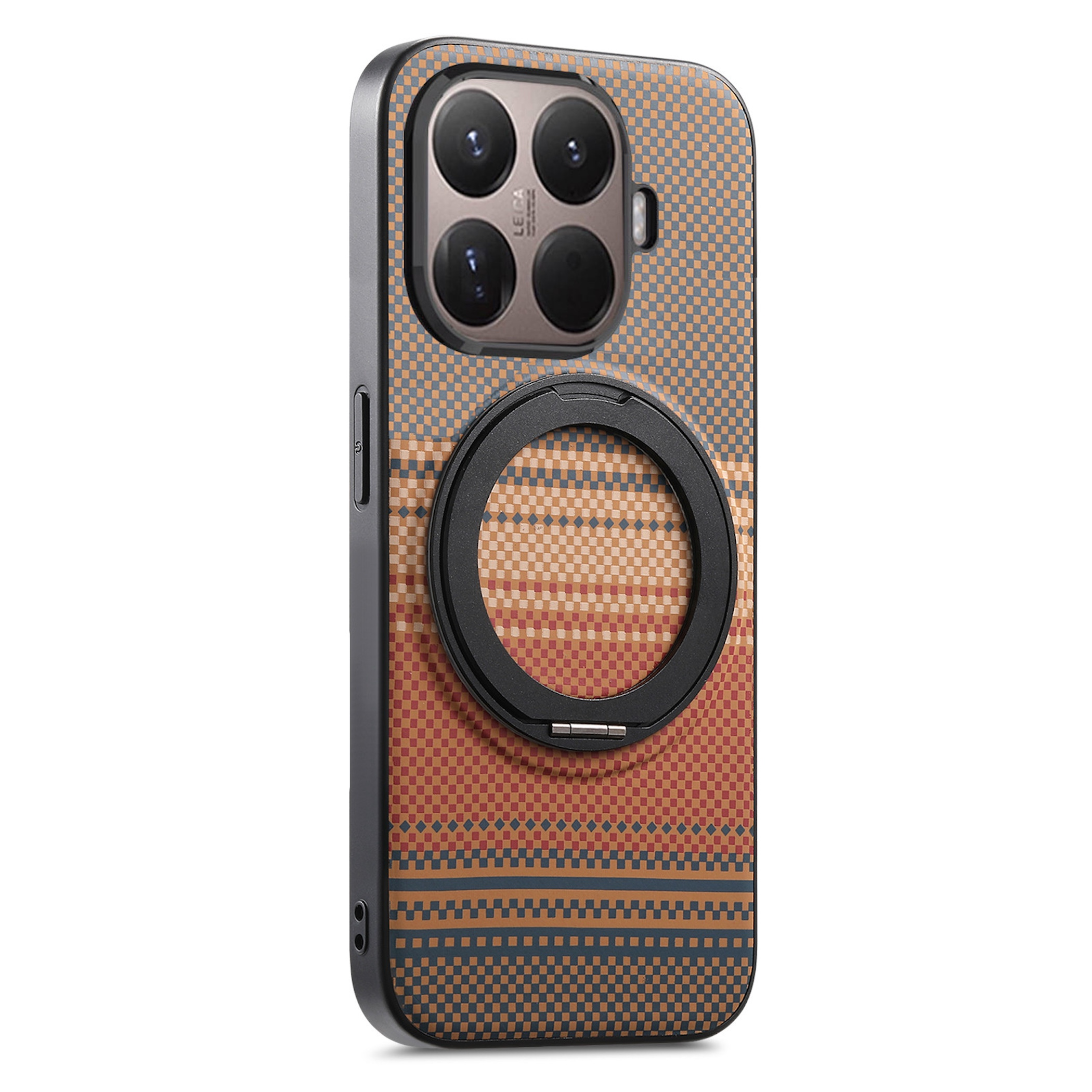 Una funda de teléfono con patrón a cuadros en marrón, naranja y azul, con soporte de anillo.