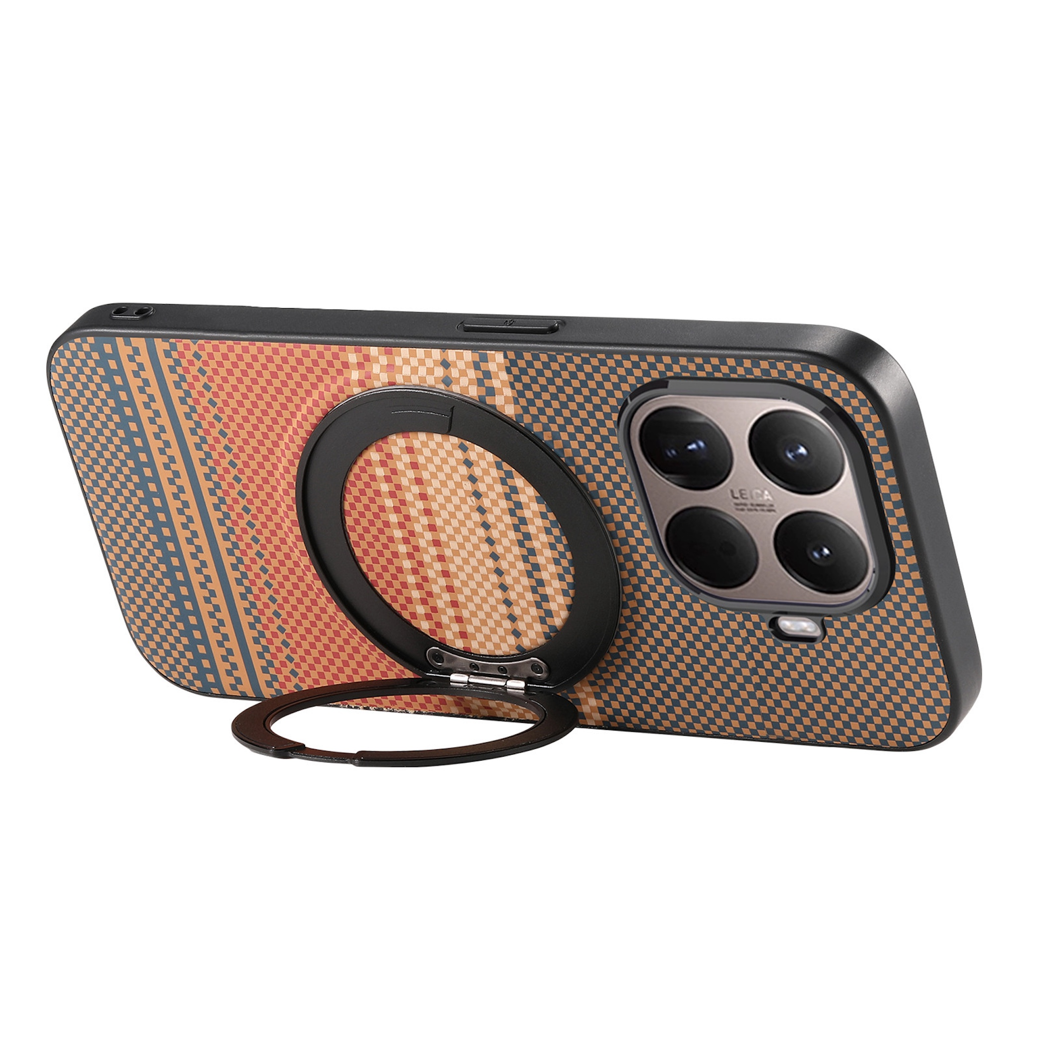 Parte trasera de una funda de teléfono con patrón geométrico y soporte de anillo.