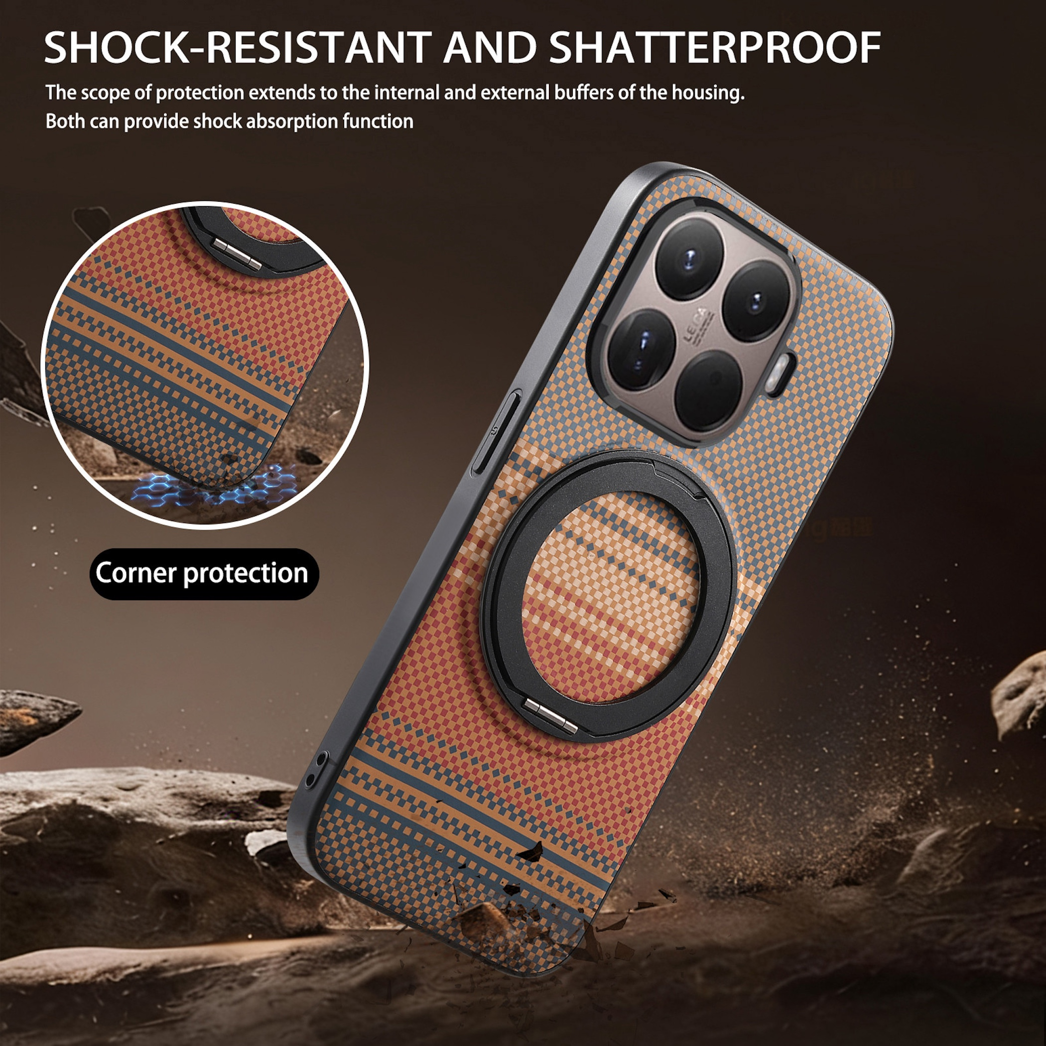 Funda de teléfono marrón con patrón a cuadros y soporte de anillo, resistente.