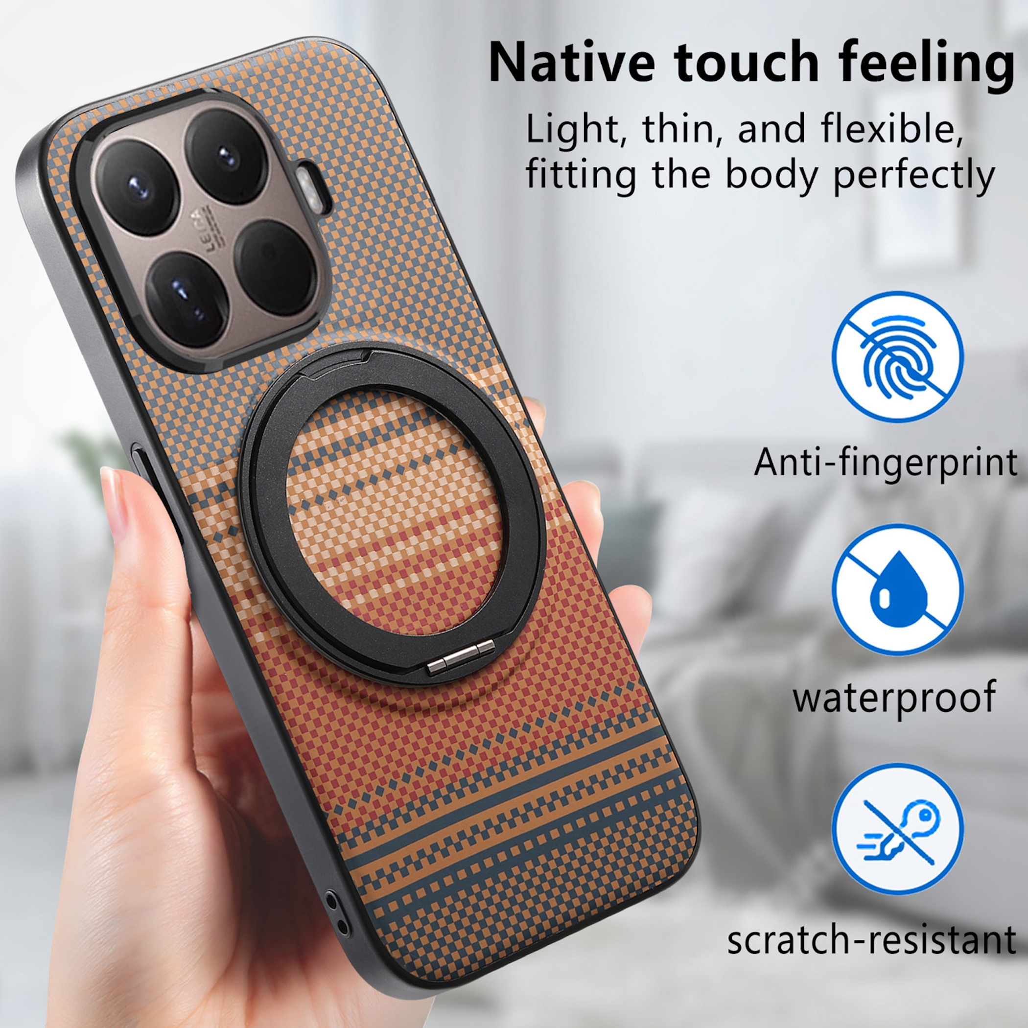 Funda de teléfono a cuadros marrones con soporte de anillo, antihuellas, impermeable.