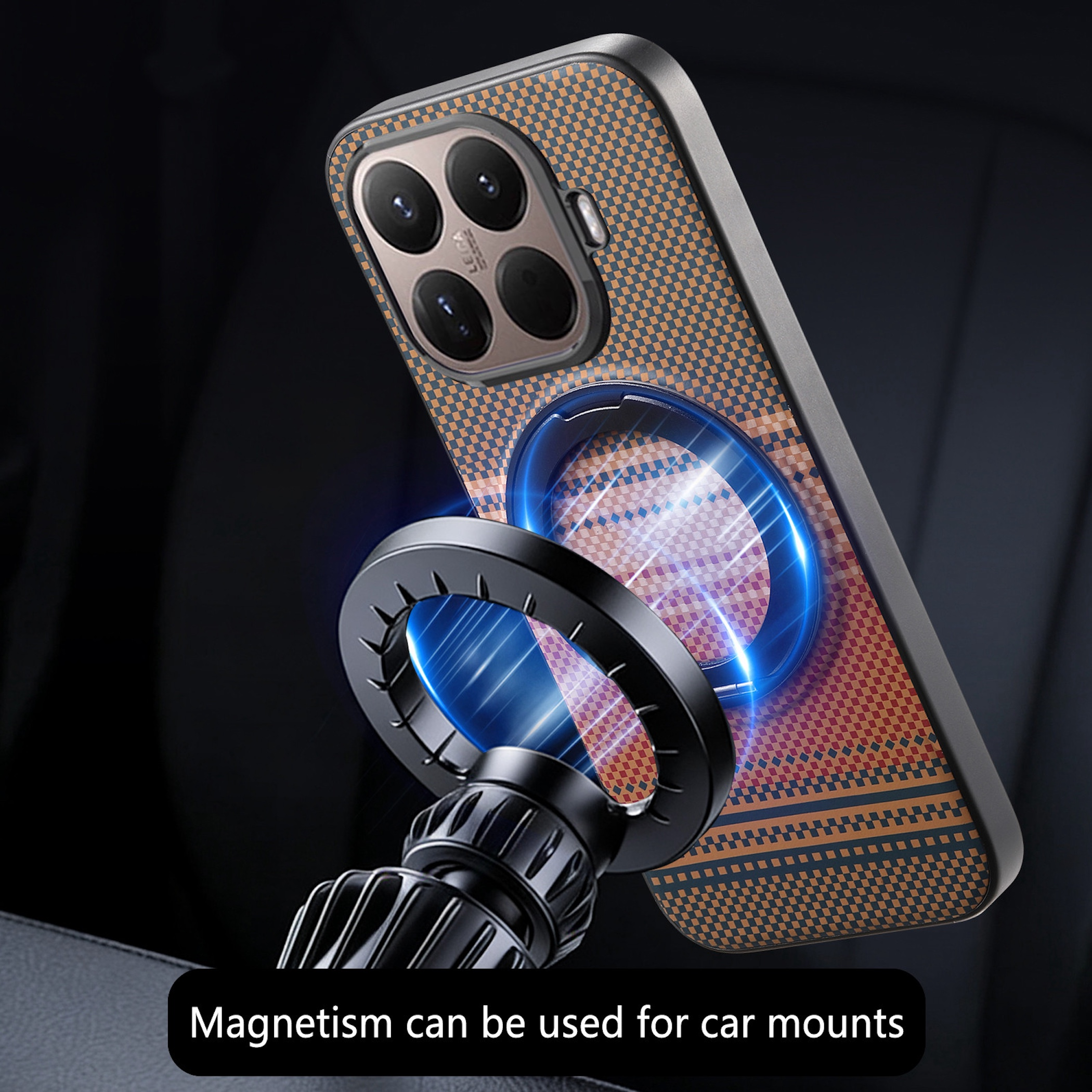 Un teléfono con funda a cuadros y soporte de anillo sobre fondo oscuro.