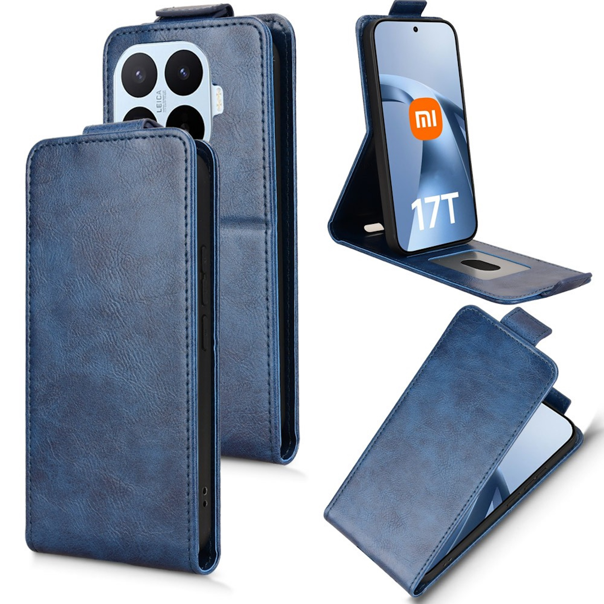 Blaues Leder-Flip-Case für ein Smartphone mit vier Kameras auf der Rückseite.