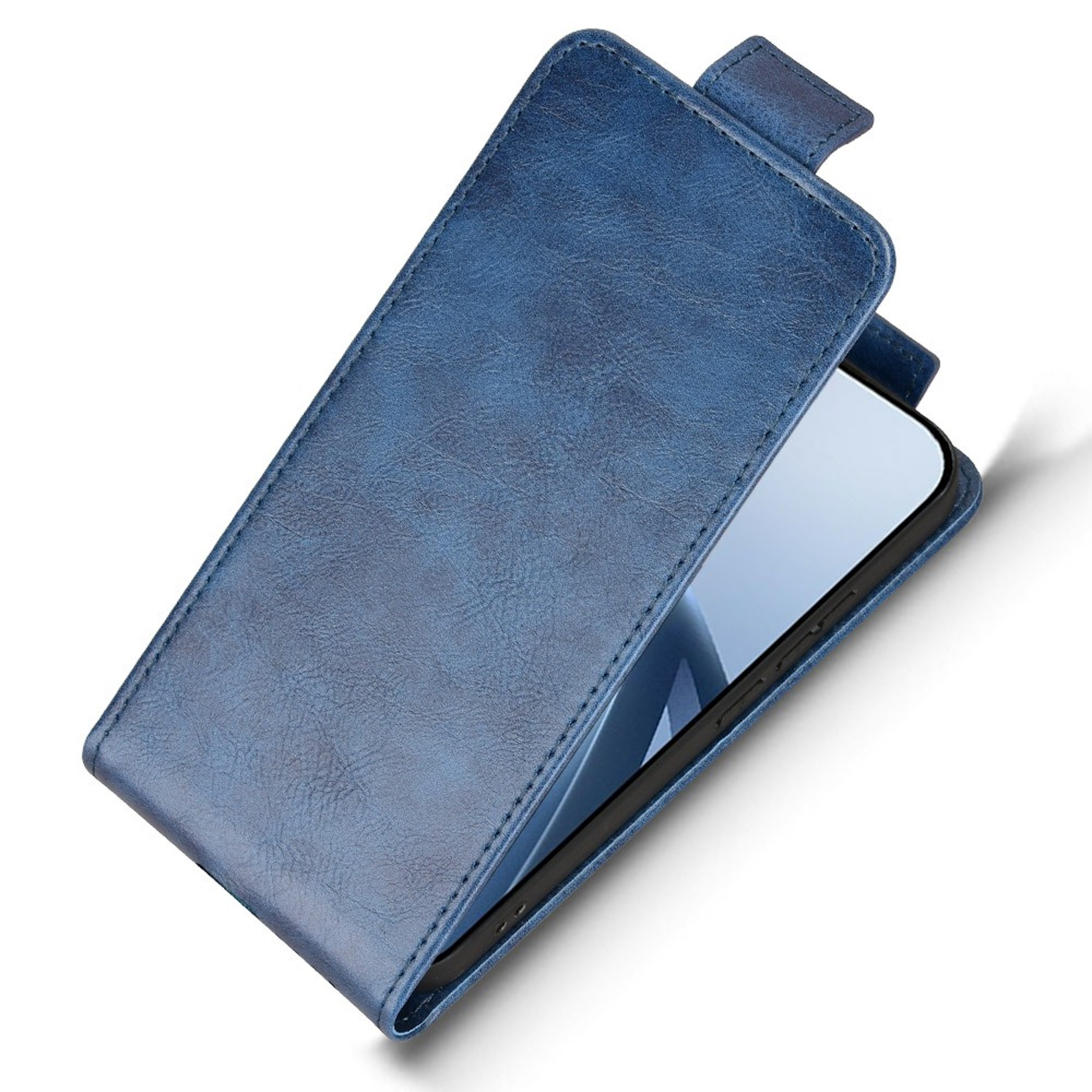 Ein blauer Leder-Flip-Case für ein Smartphone, das teilweise geöffnet ist.