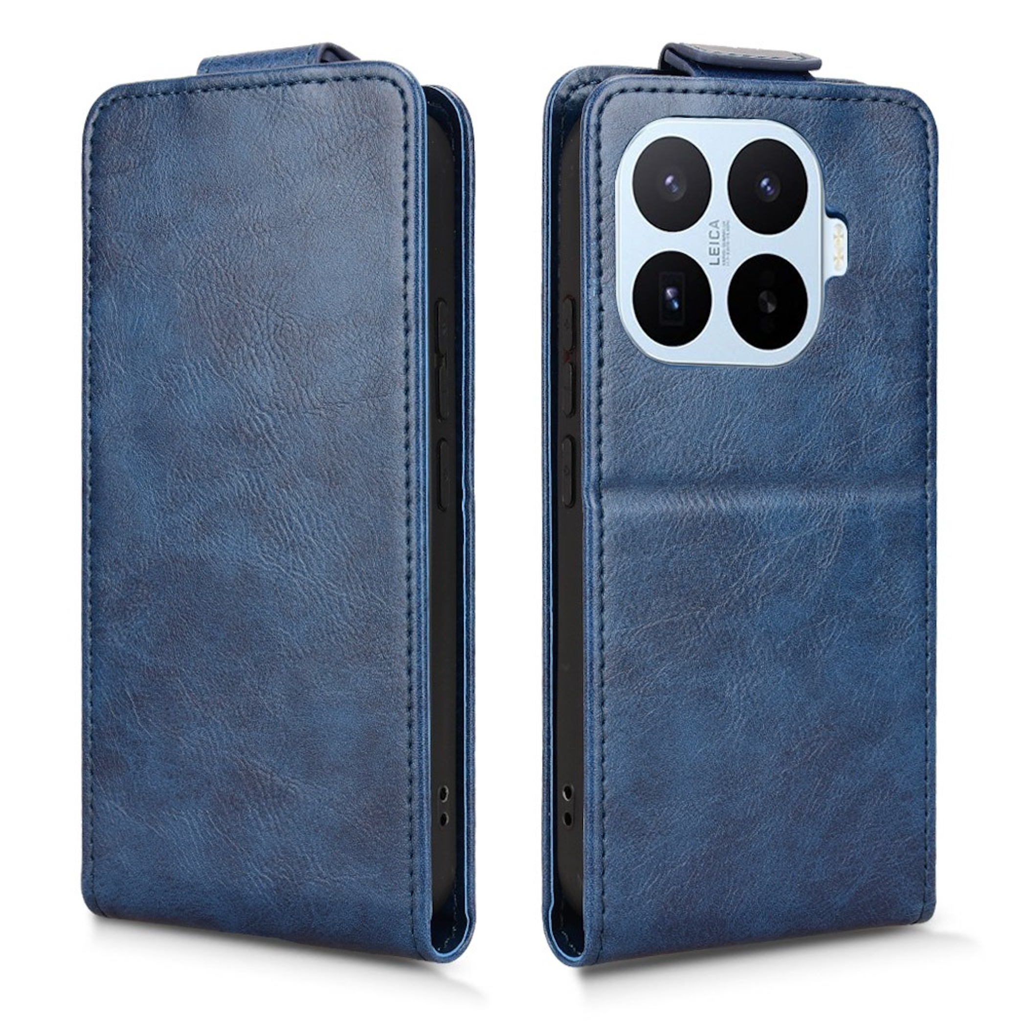 Eine blaue Lederhülle für ein Smartphone, offen gezeigt.