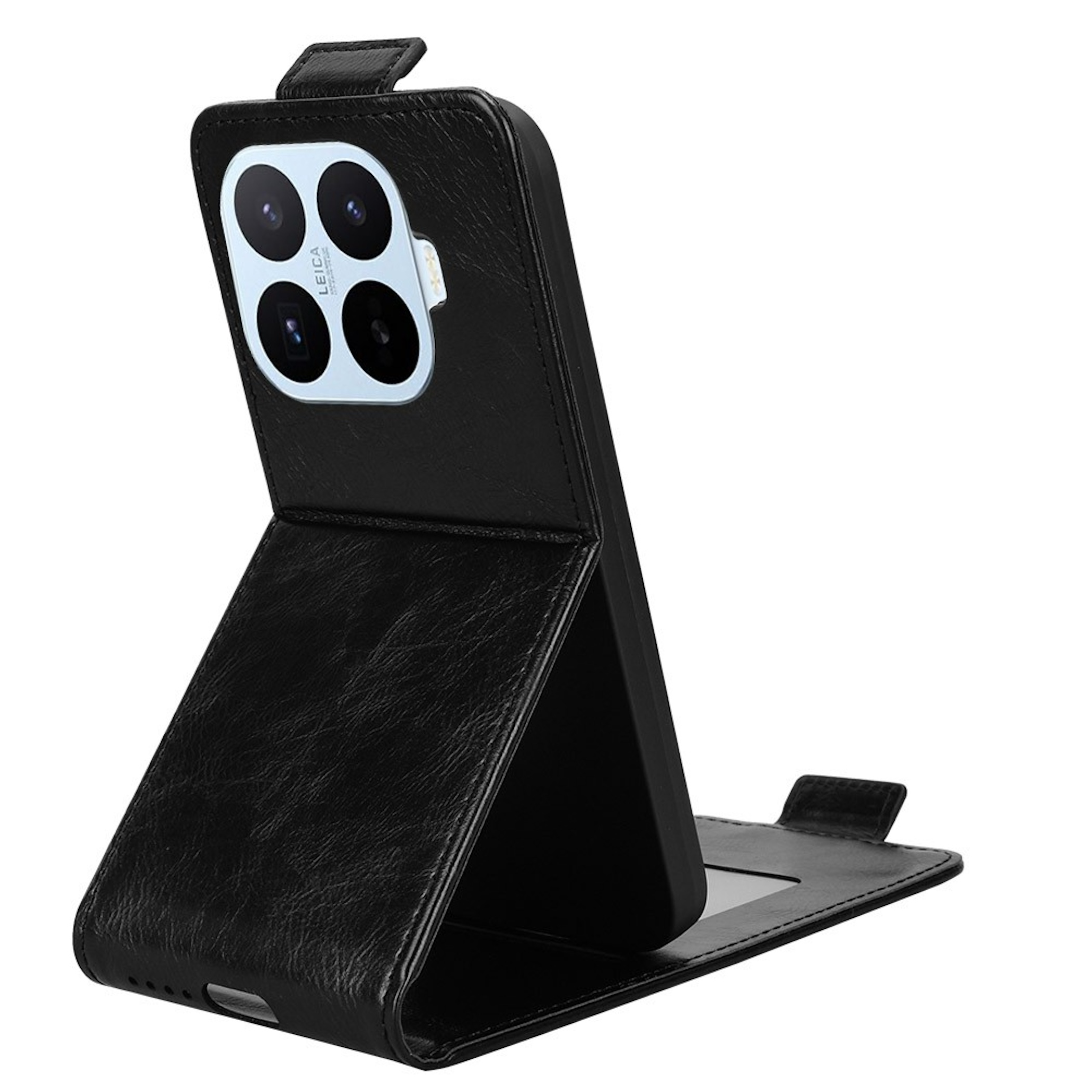 Schwarzes Leder-Flip-Case für ein Smartphone, geöffnet und aufgestellt.
