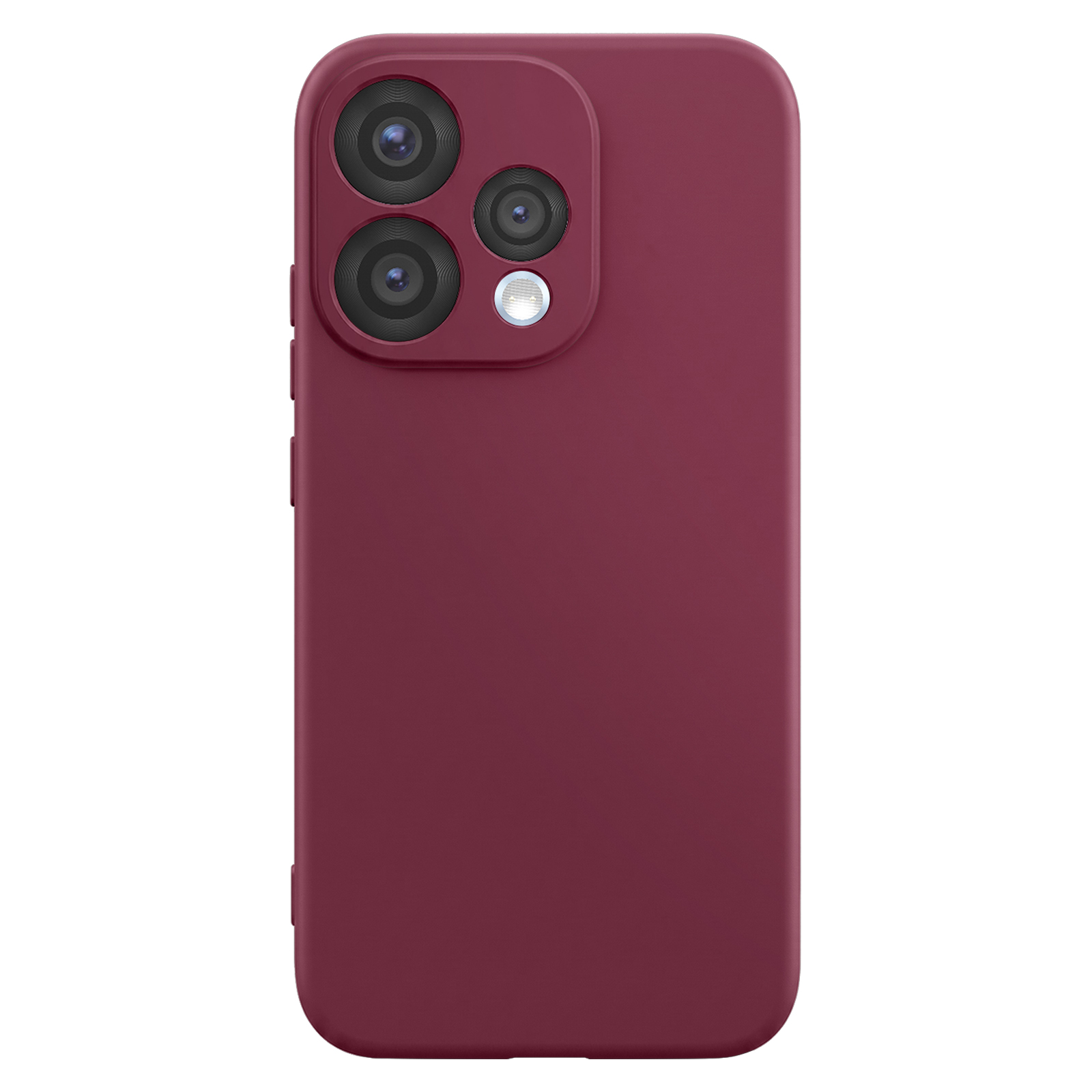 Funda de teléfono roja oscura con lente de cámara triple y flash.