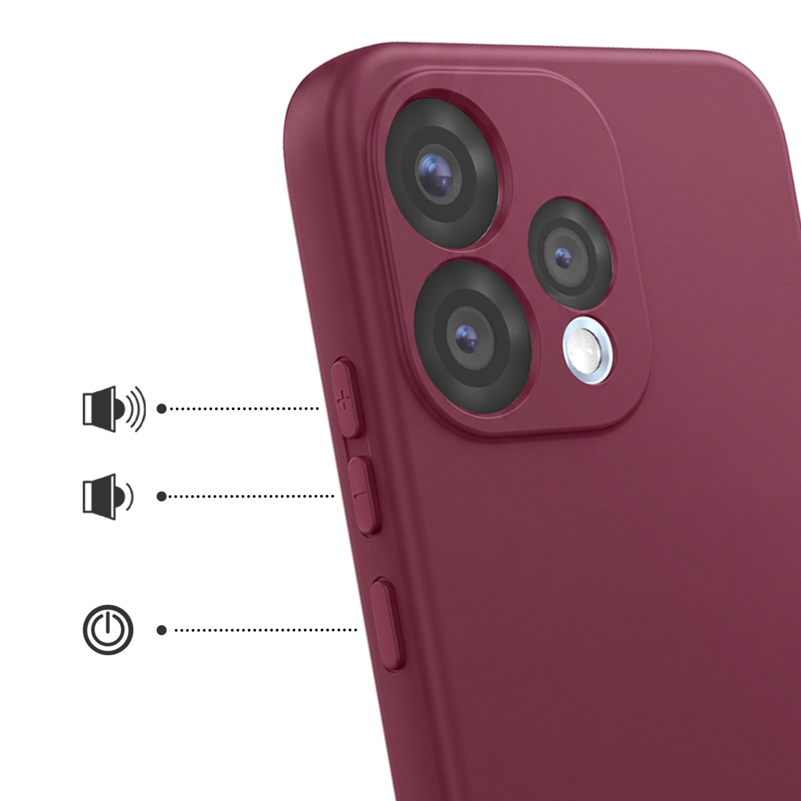 Funda de teléfono roja con tres lentes de cámara y tres botones.