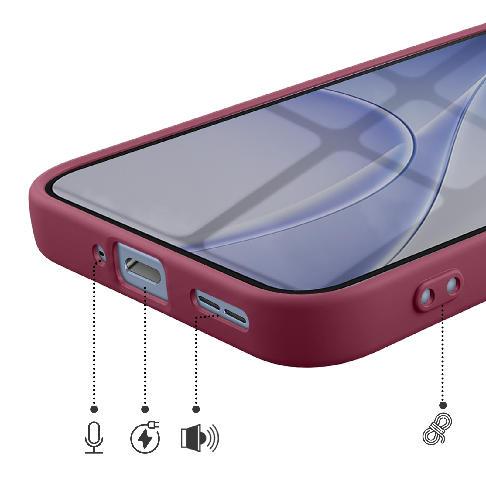 Una funda de teléfono magenta con recortes para puerto de carga, altavoz y ojal.
