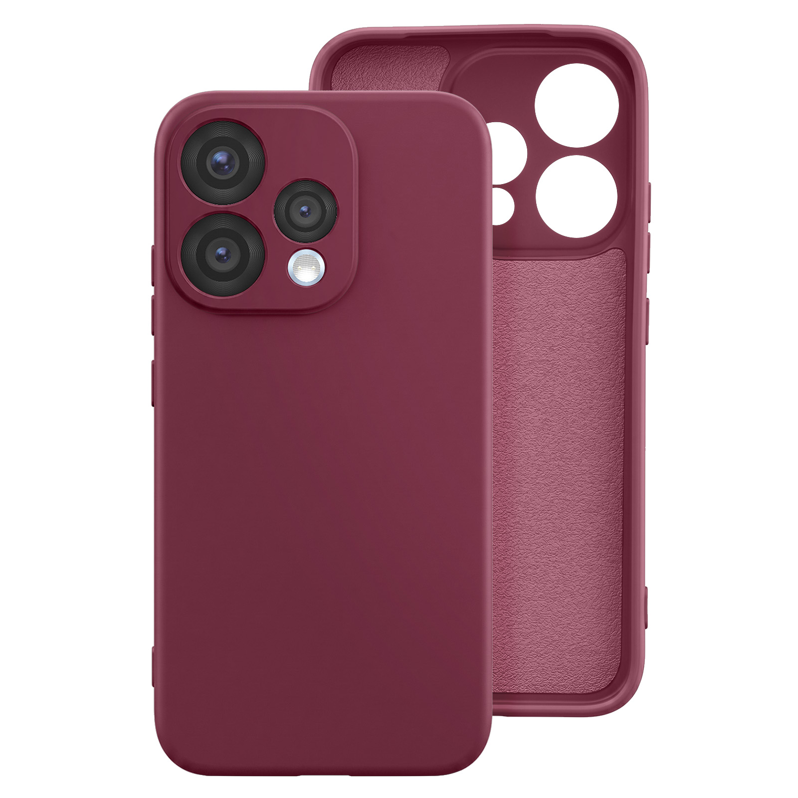 Una funda de teléfono burdeos con tres lentes de cámara y un flash.