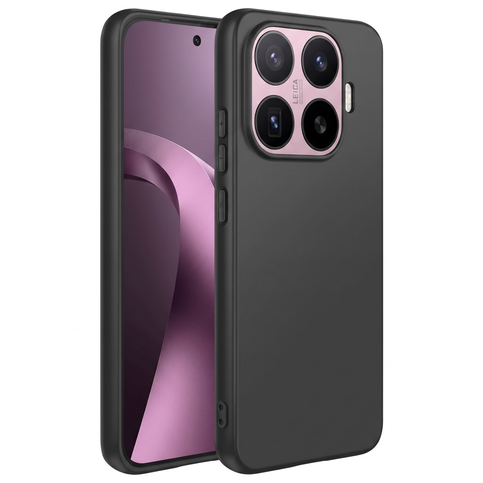 Schwarzes Smartphone mit Leica-Kamera und rosa Akzenten auf dem Bildschirm.