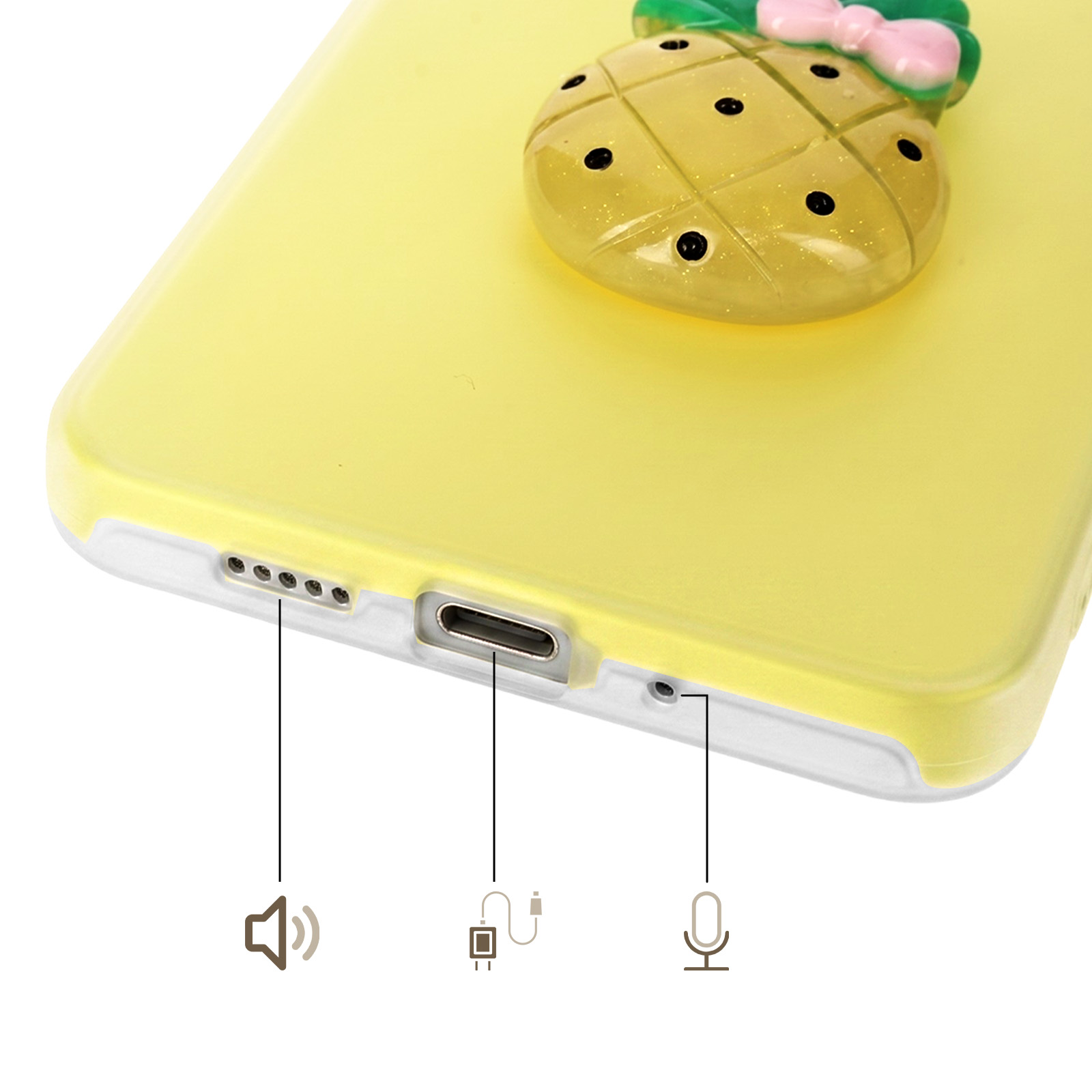 Gelbes Handyhülle mit Ananas-Anhänger. Unten sind Anschlüsse.