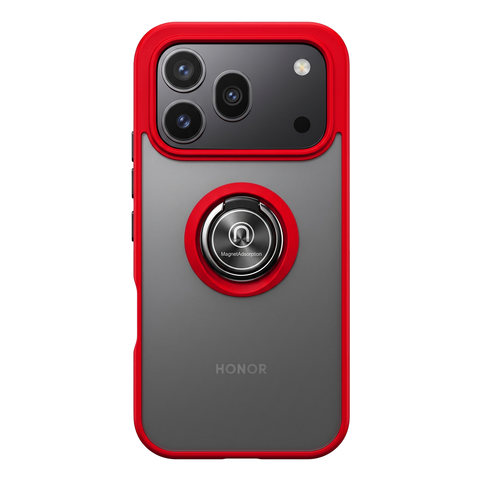 Funda roja para teléfono con soporte de anillo y sistema de triple cámara.