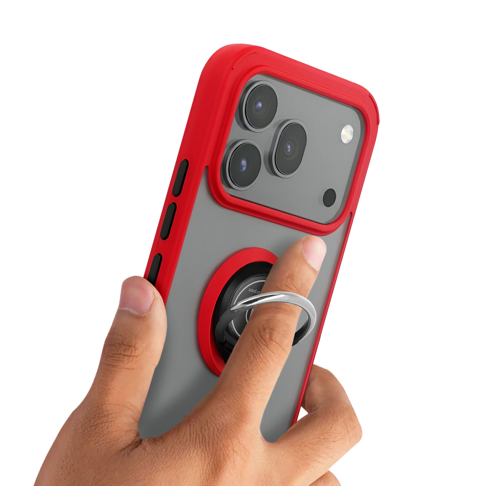 Una mano sujeta un teléfono inteligente con funda roja y soporte de anillo.