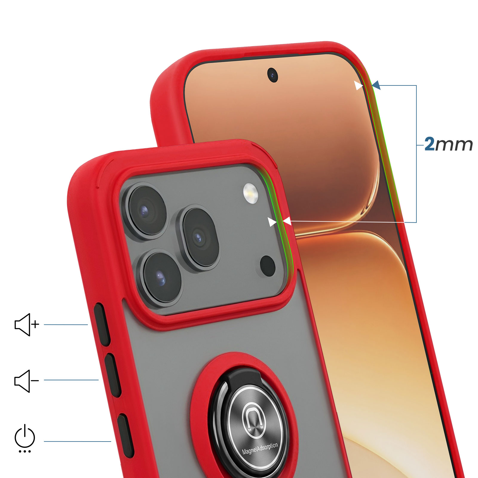 Funda roja para teléfono con parte trasera transparente, módulo de cámara y soporte.