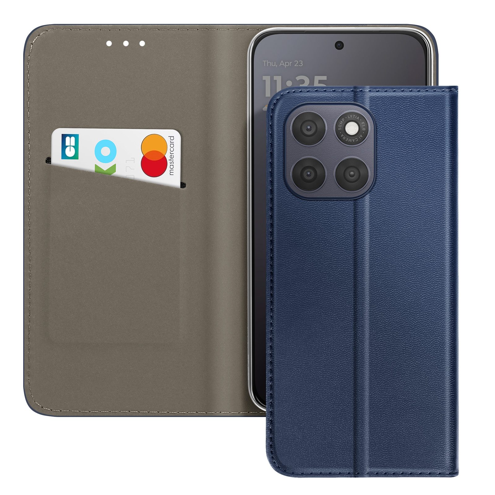 Blaue Handyhülle mit Kartenfach, zeigt ein Smartphone mit drei Kameras.
