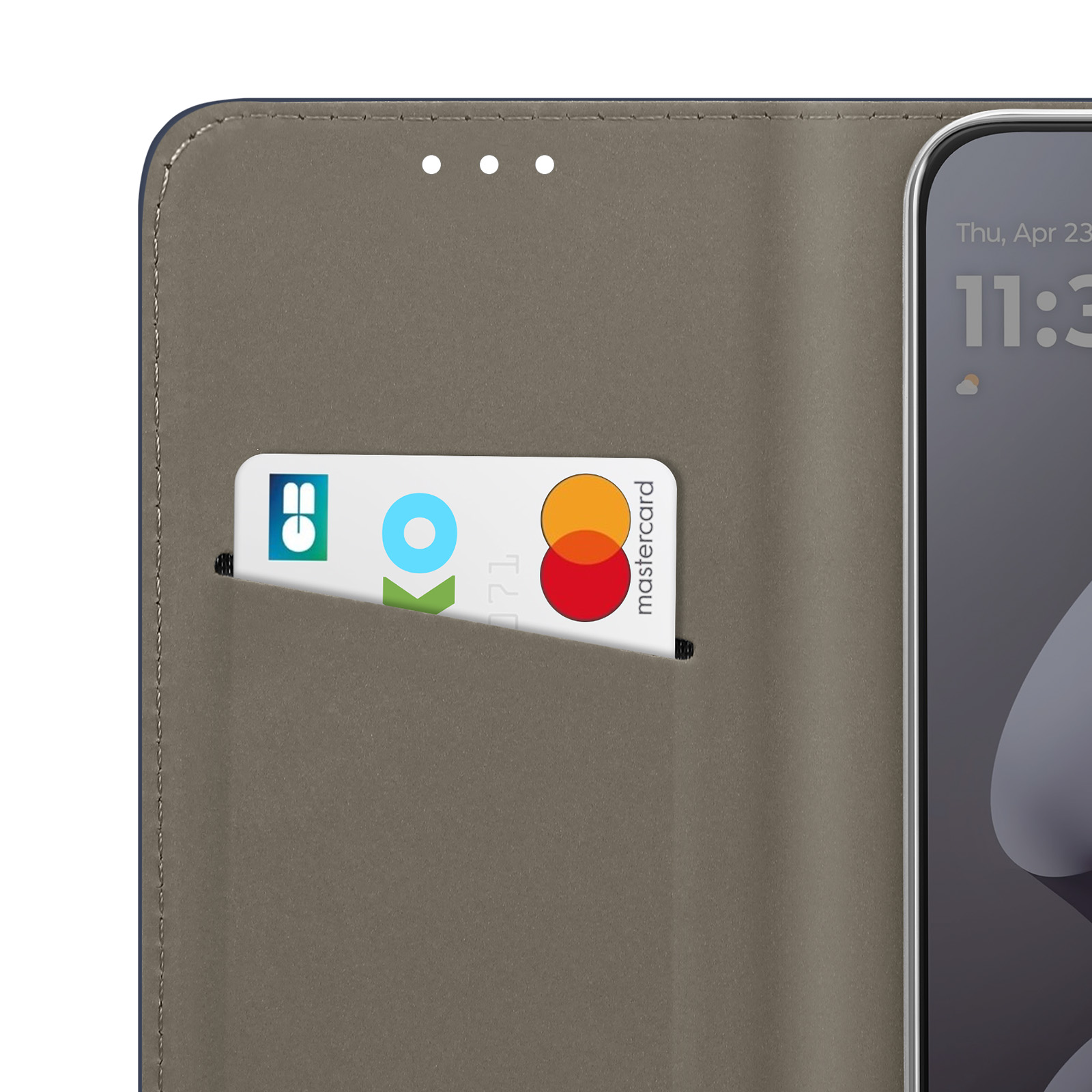 Eine graue Handyhülle mit Kartenfach und einer Mastercard.