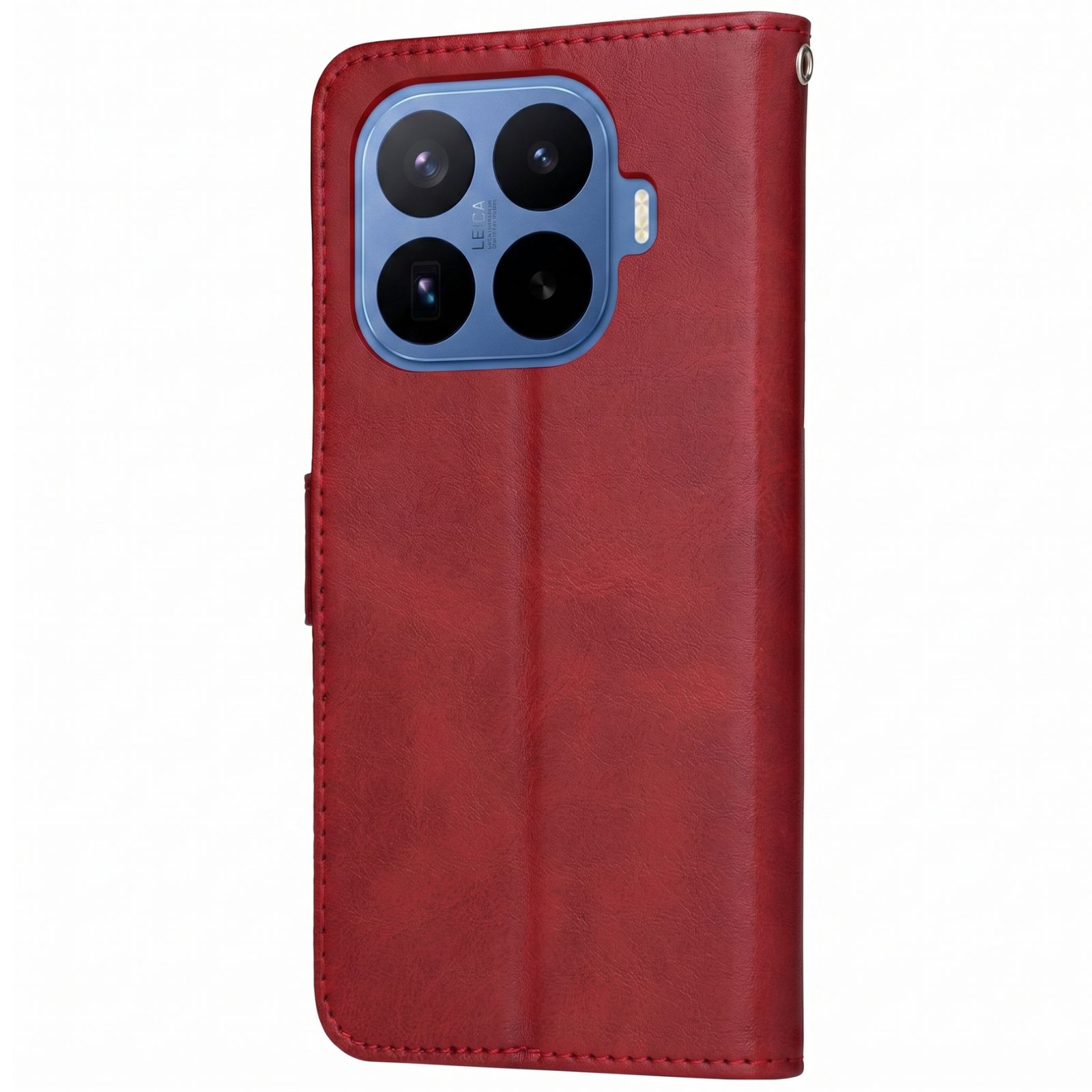 Funda de cuero roja con configuración de cámara cuádruple y logo Leica.