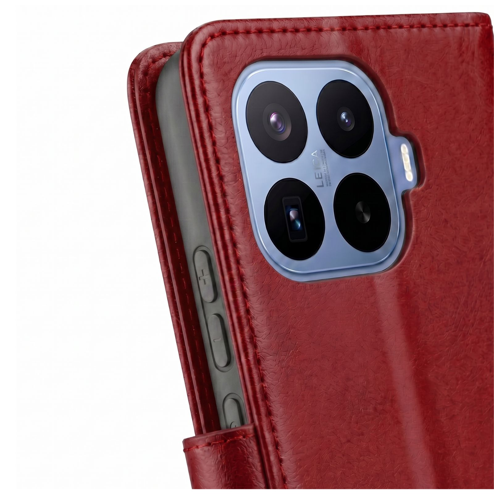 Funda de cuero roja con recorte de cámara y botones laterales.