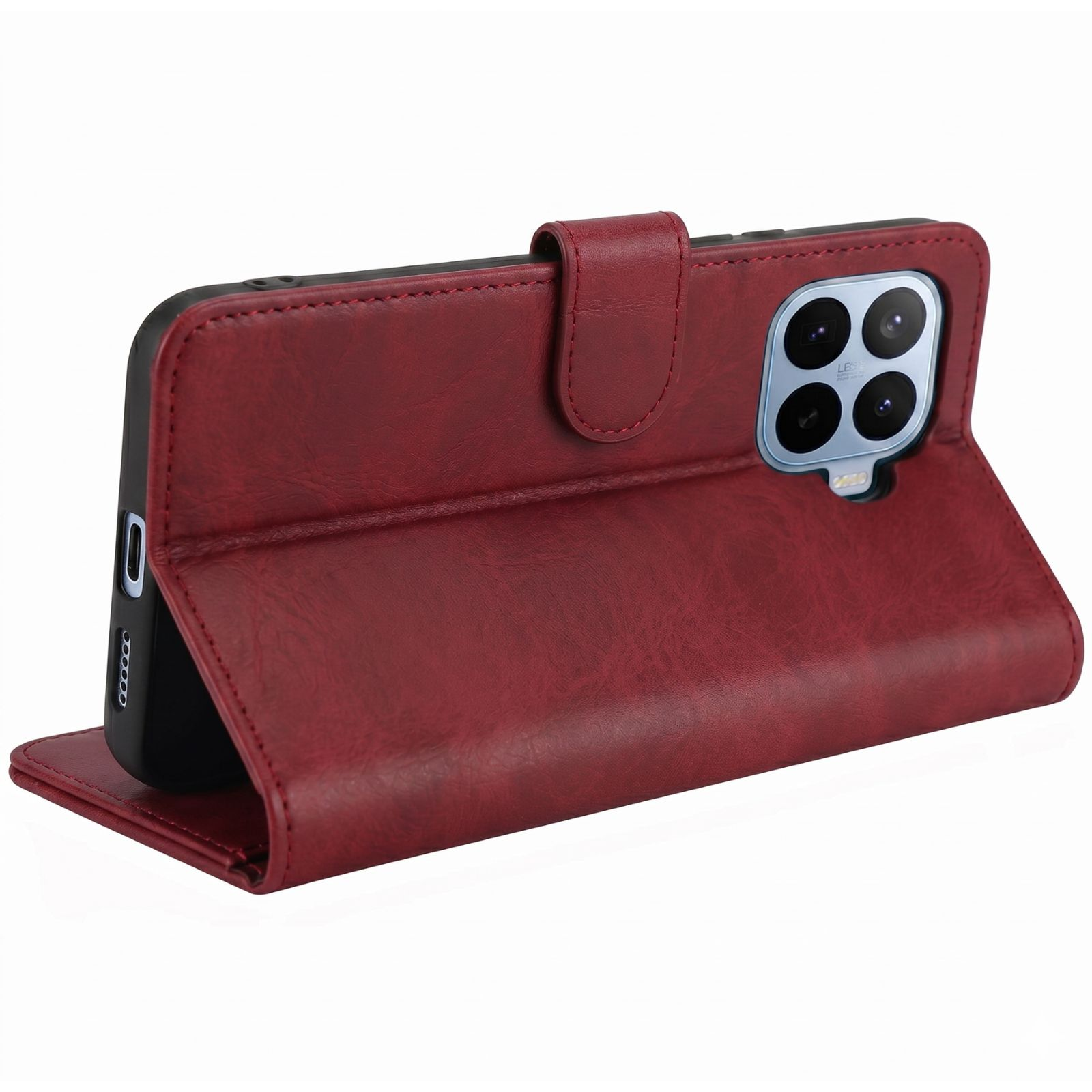 Funda tipo libro de cuero granate para smartphone, en posición vertical.
