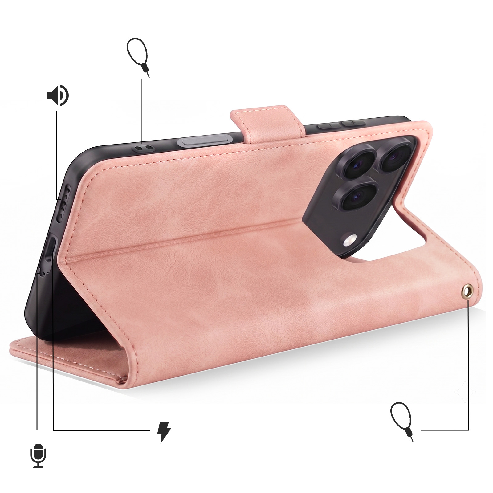 Ein rosa Handyhülle mit einem Telefon, das aufgestellt ist.