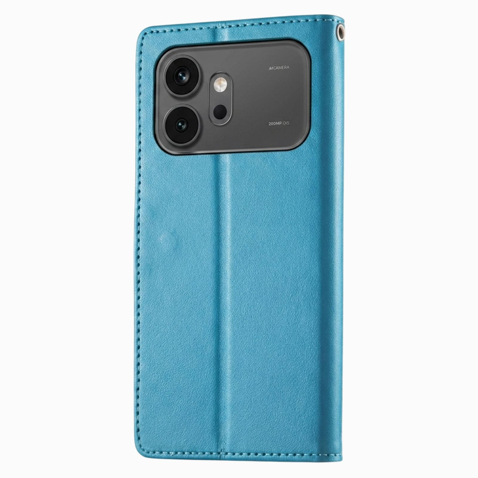 Funda de teléfono azul con tres lentes de cámara y la inscripción "Aicamera".