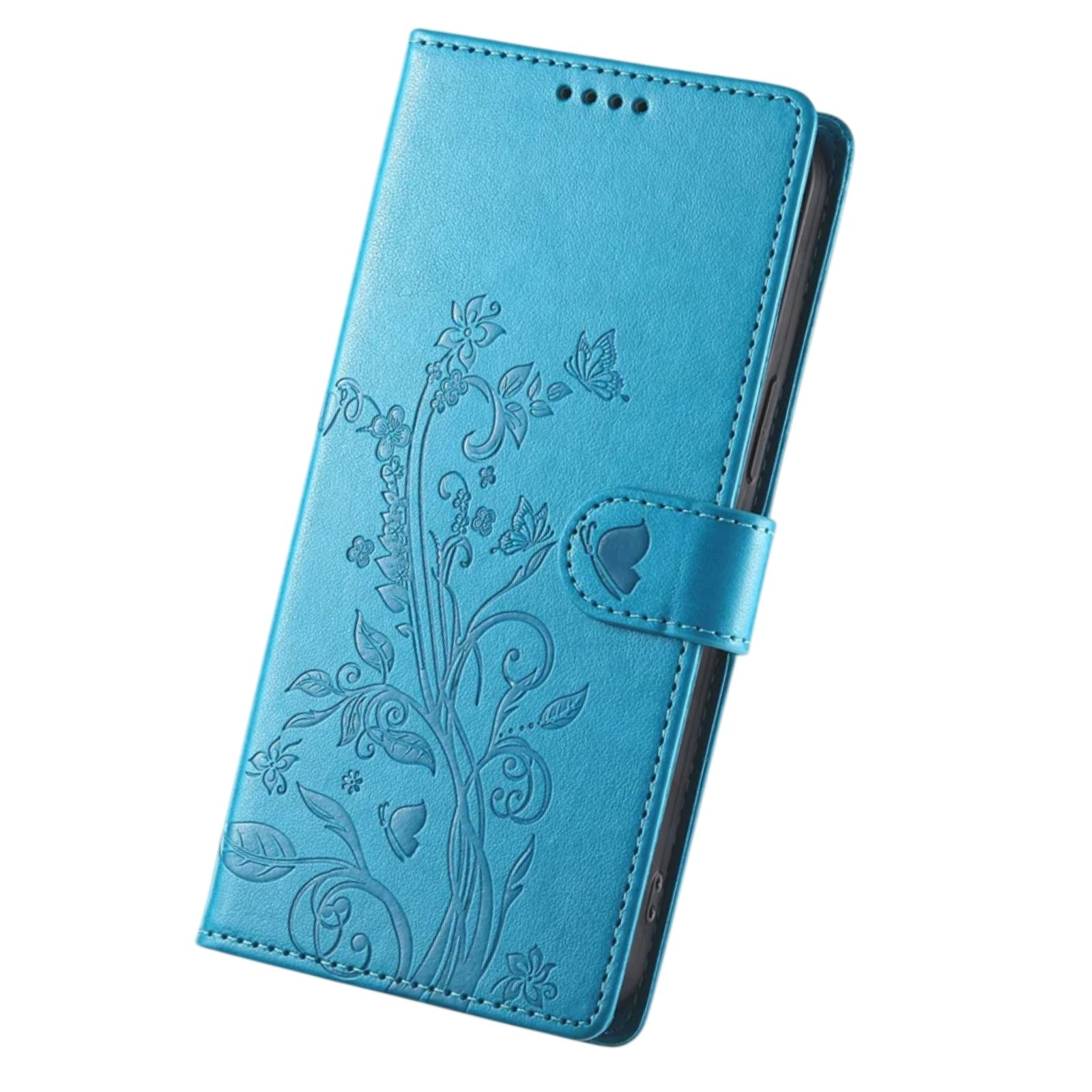 Una funda de teléfono azul claro estilo libro con flores y mariposas en relieve.