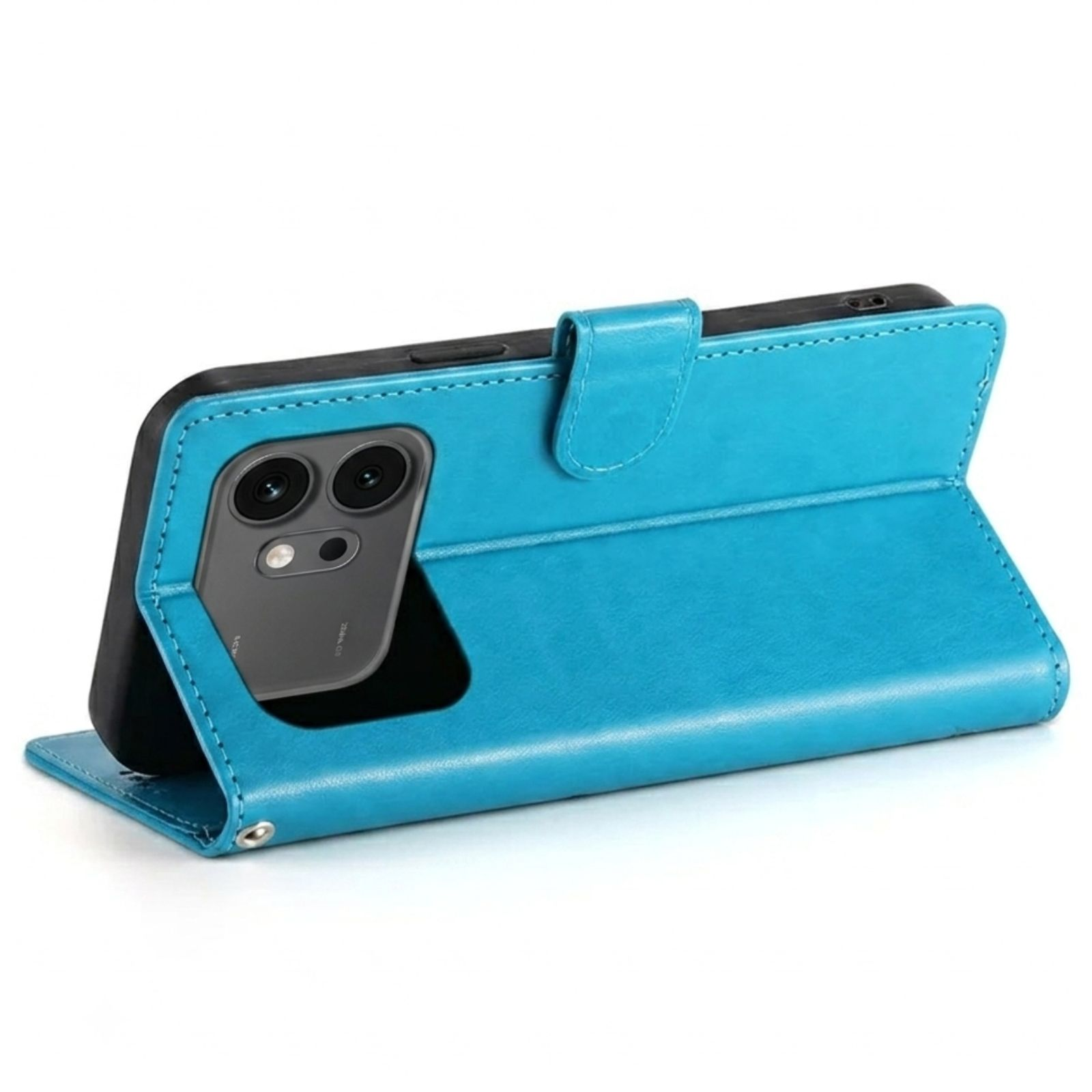 Una funda azul para teléfono con un teléfono dentro. La funda está abierta.