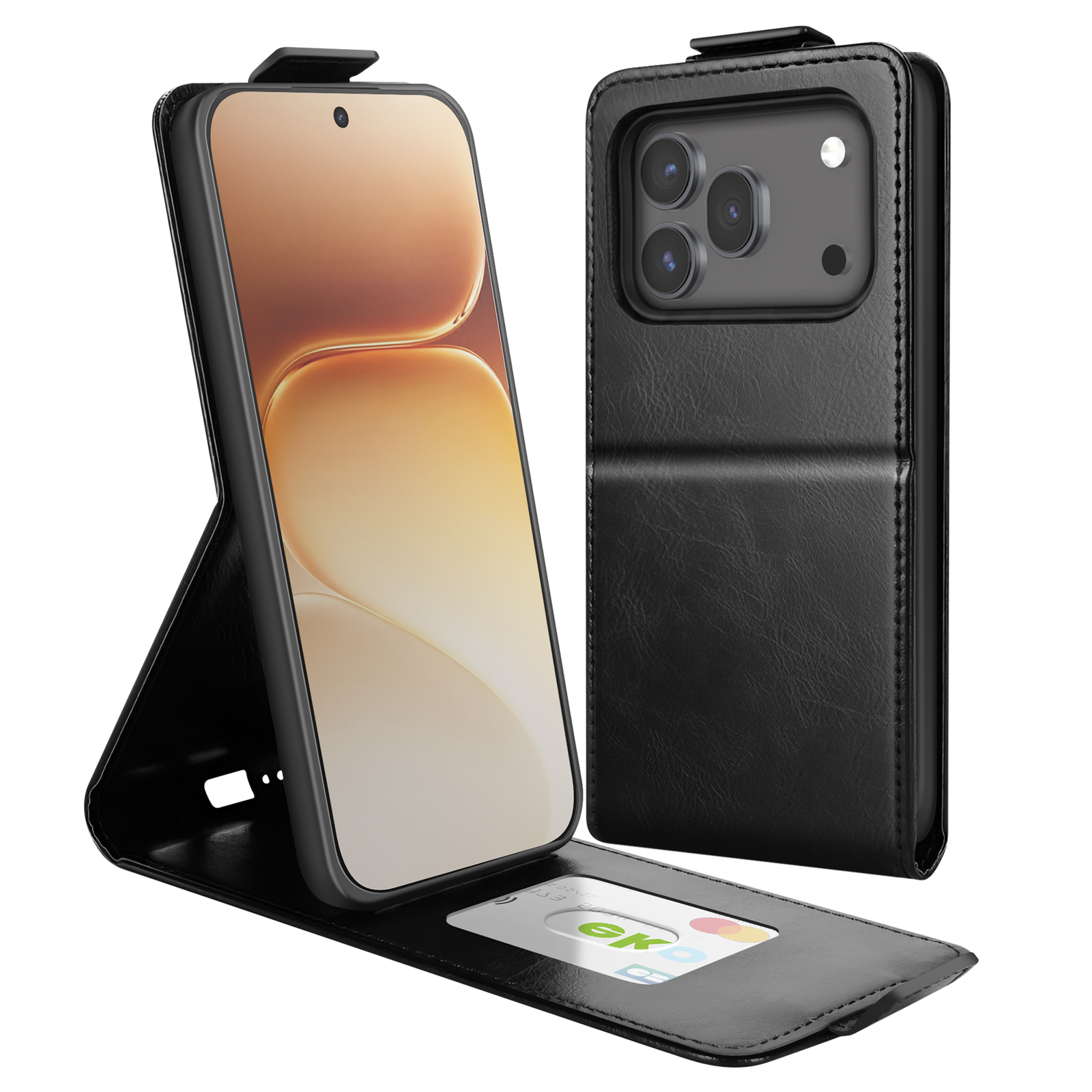 Schwarzes Leder-Flip-Case für ein Smartphone mit Kameraöffnung und Kartenschlitz.