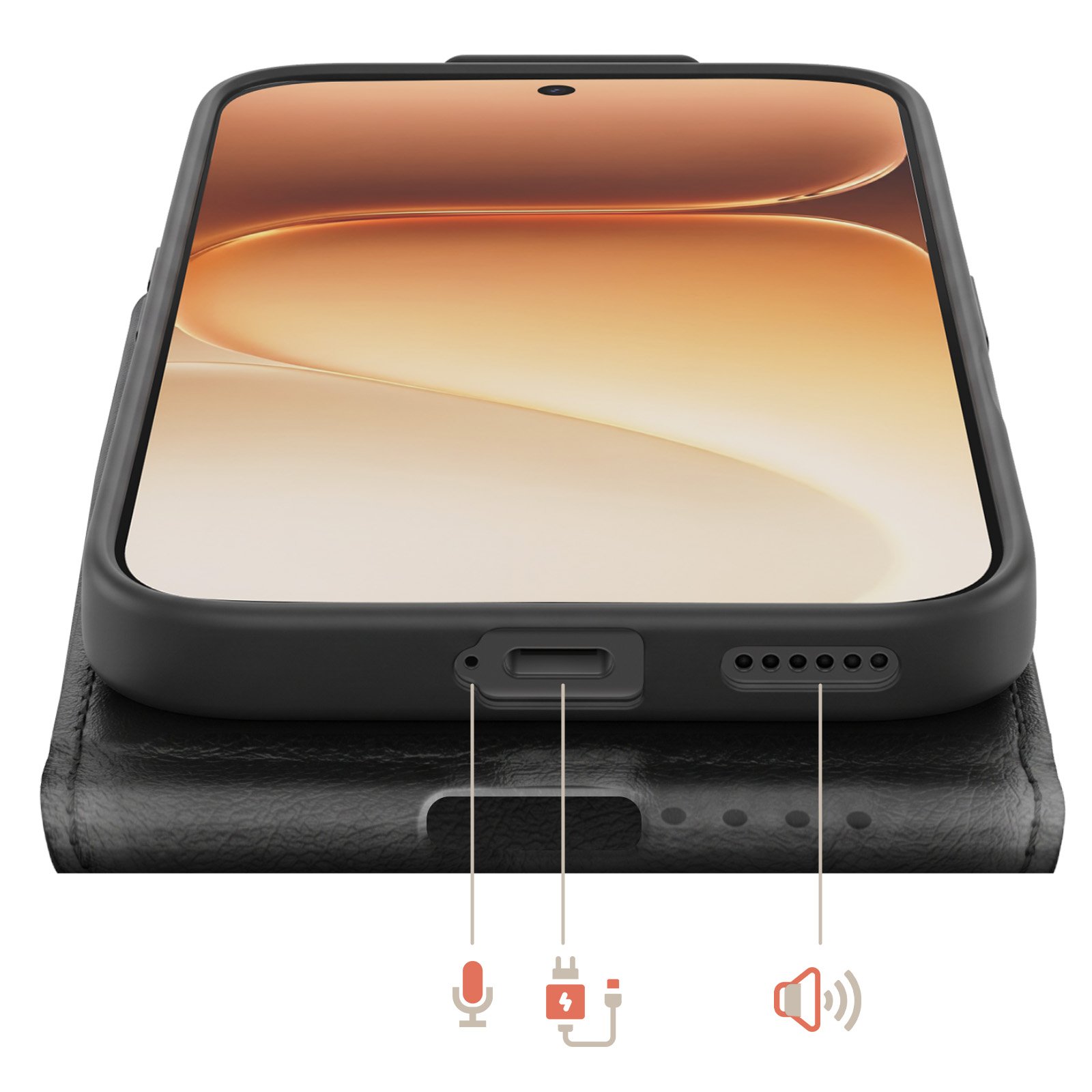 Nahaufnahme des unteren Teils eines schwarzen Smartphones in einer Hülle, zeigt Ladeanschluss.