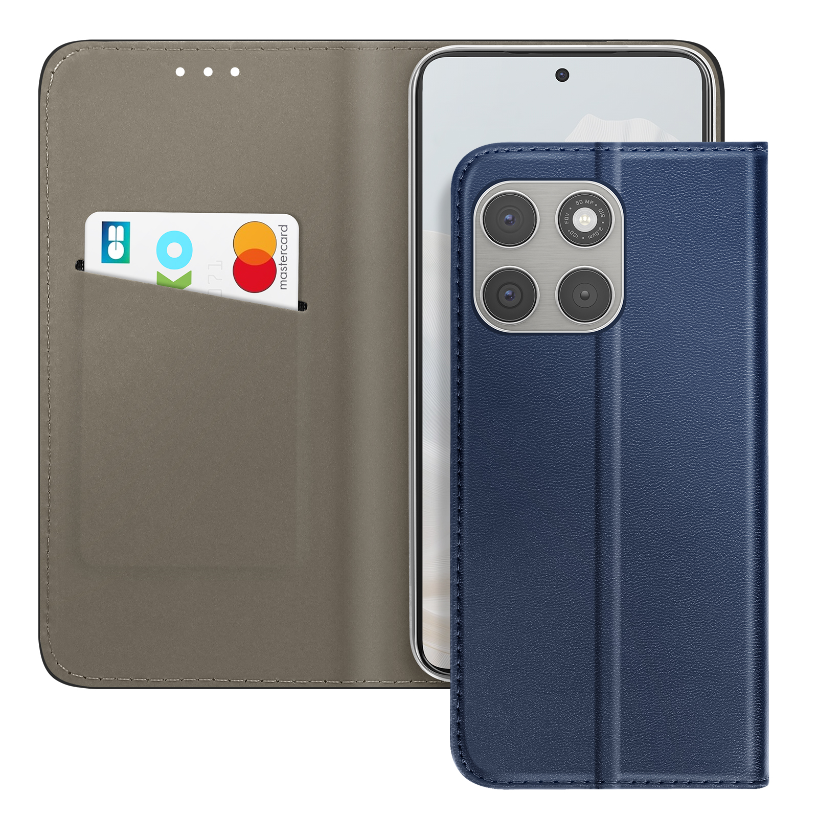 Blaue Handyhülle mit Kartenfach, zeigt Mastercard und Telefonkamera.