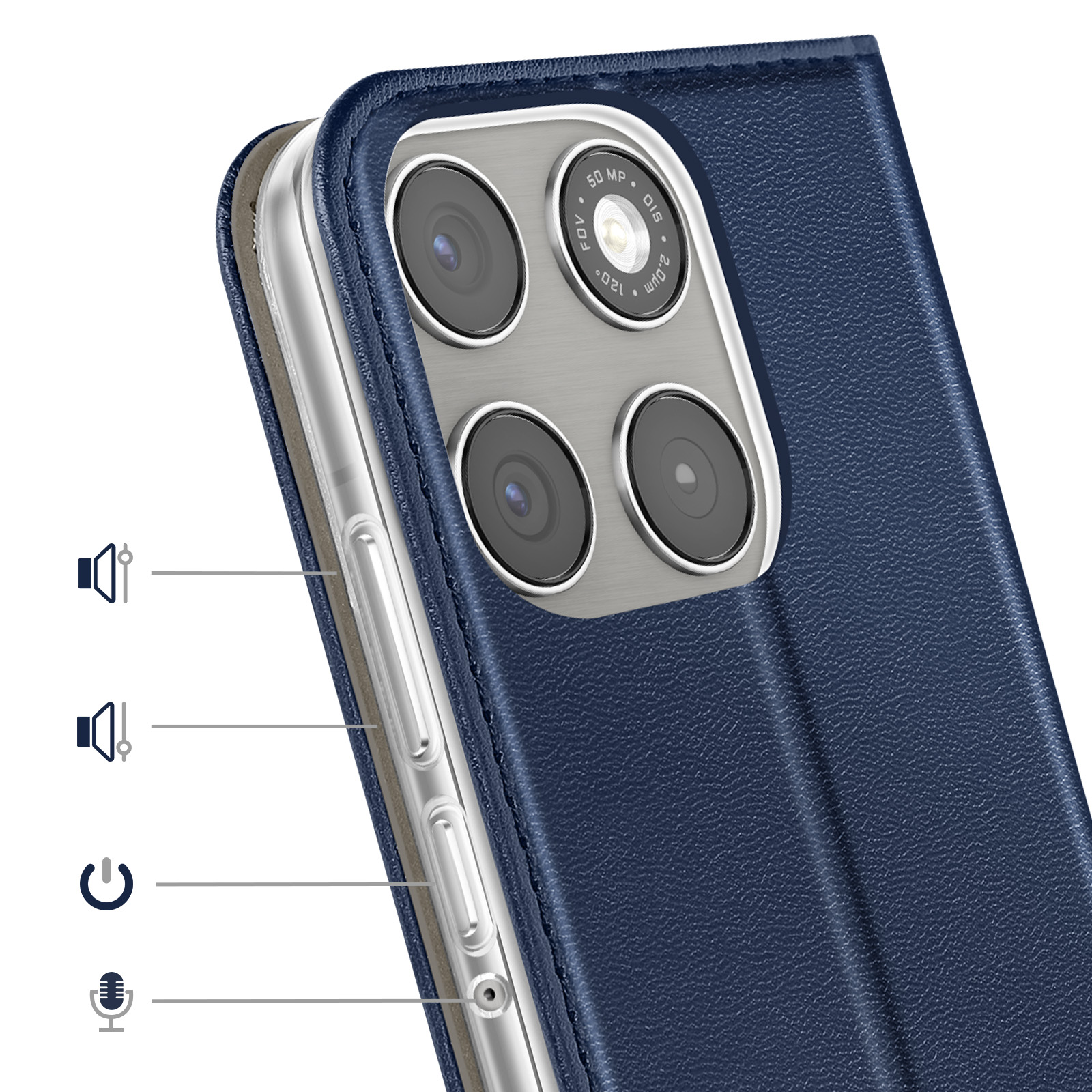 Dunkelblaues Handycover mit vier Kameras, Lautstärke- und Einschalttasten.