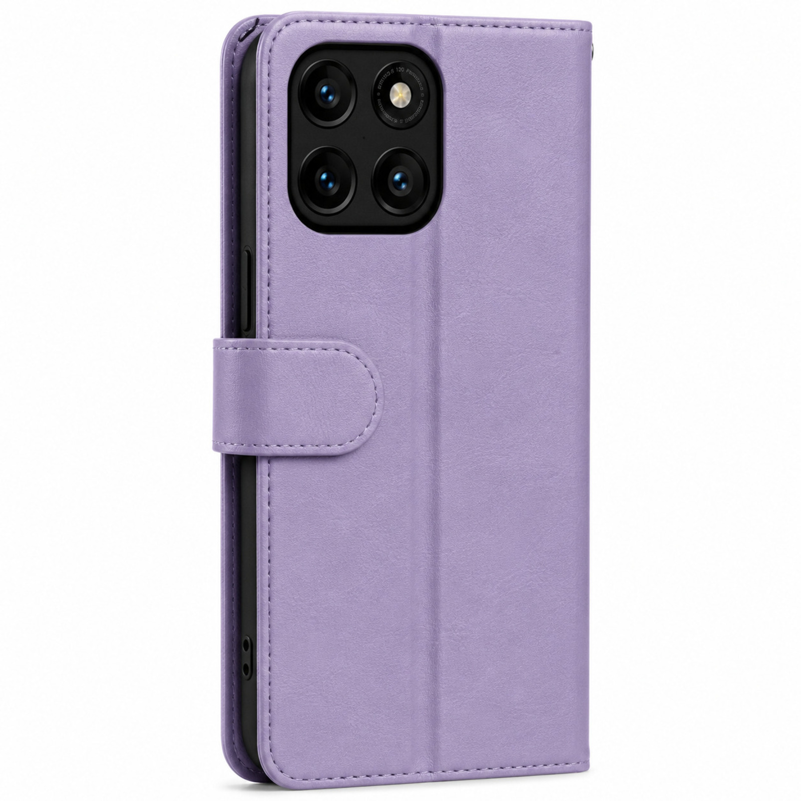 Funda morada para teléfono con sistema de cámara y cierre.