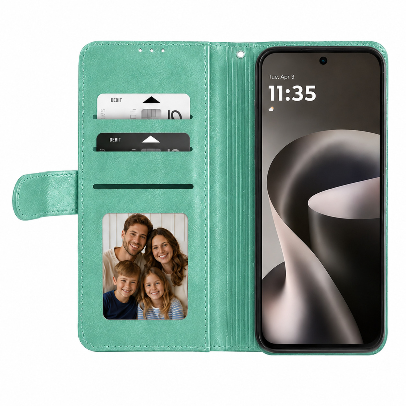 Ein grünes Handy-Etui mit Kartenfächern, einem Familienfoto und einem Smartphone.