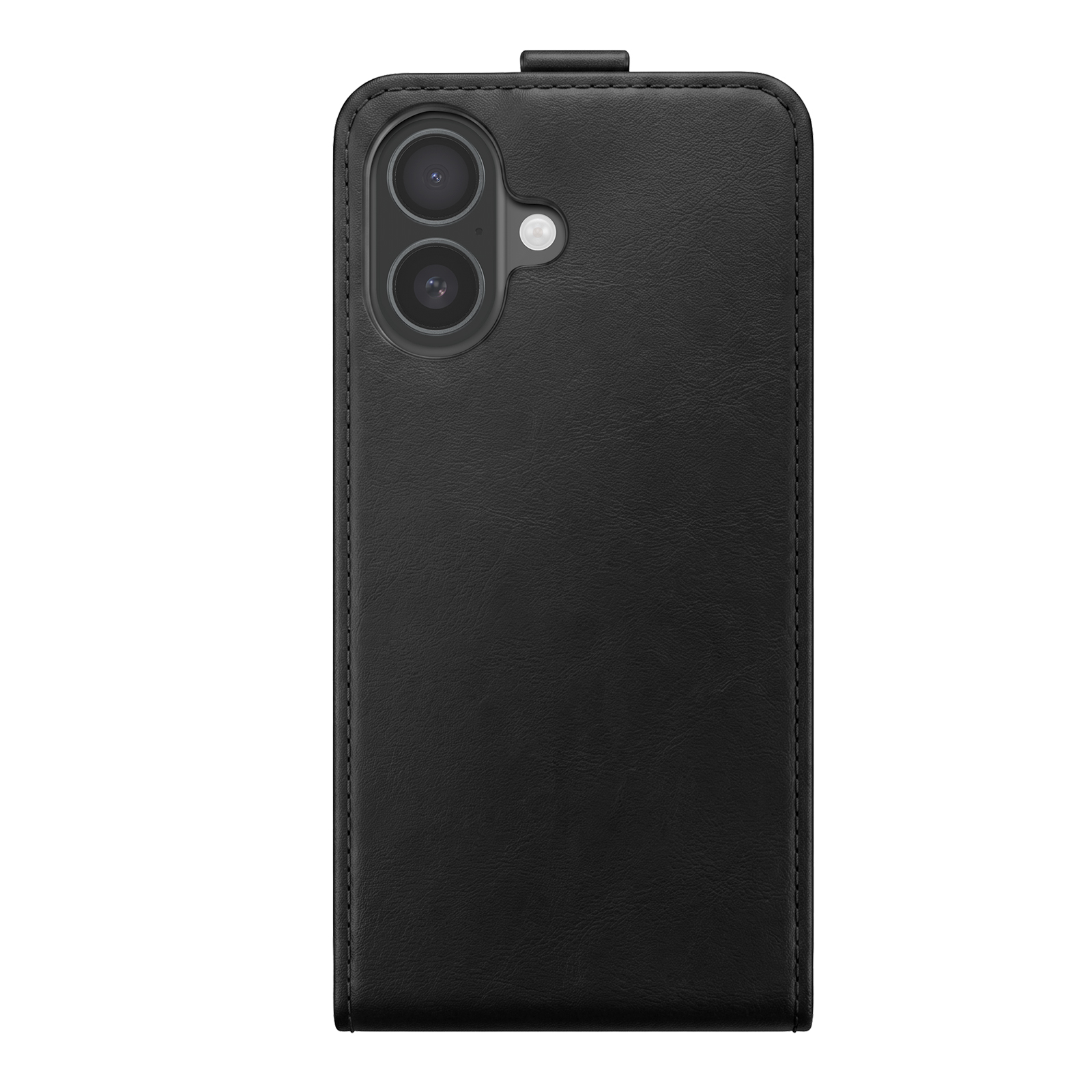 Schwarzes Handycover mit zwei Kameras und Blitz, auf weißem Hintergrund.