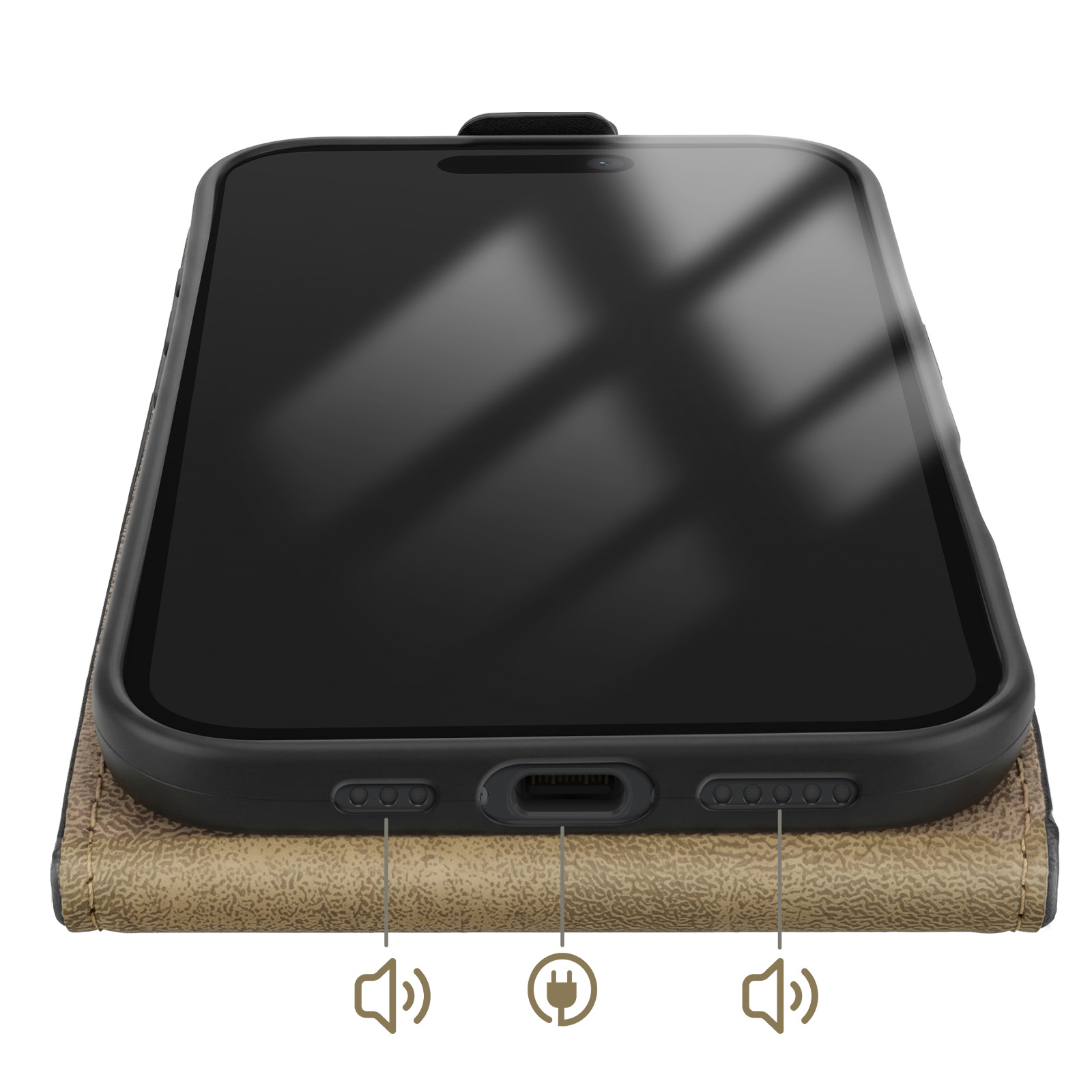 Ein schwarzes Smartphone mit einer Schutzhülle aus Leder.