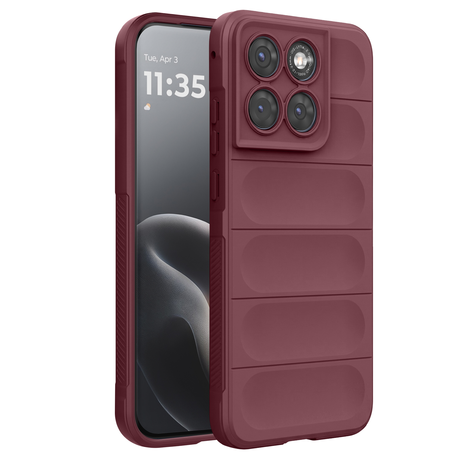 Ein burgunderrotes Handy mit vier Kameras und einer gepolsterten Rückseite.
