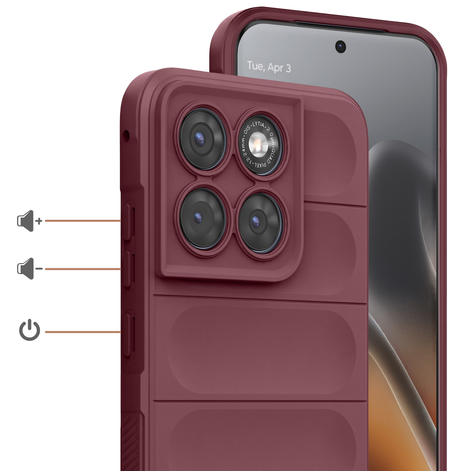 Rote Handyhülle mit vier Kameras und einem Telefonbildschirm im Hintergrund.