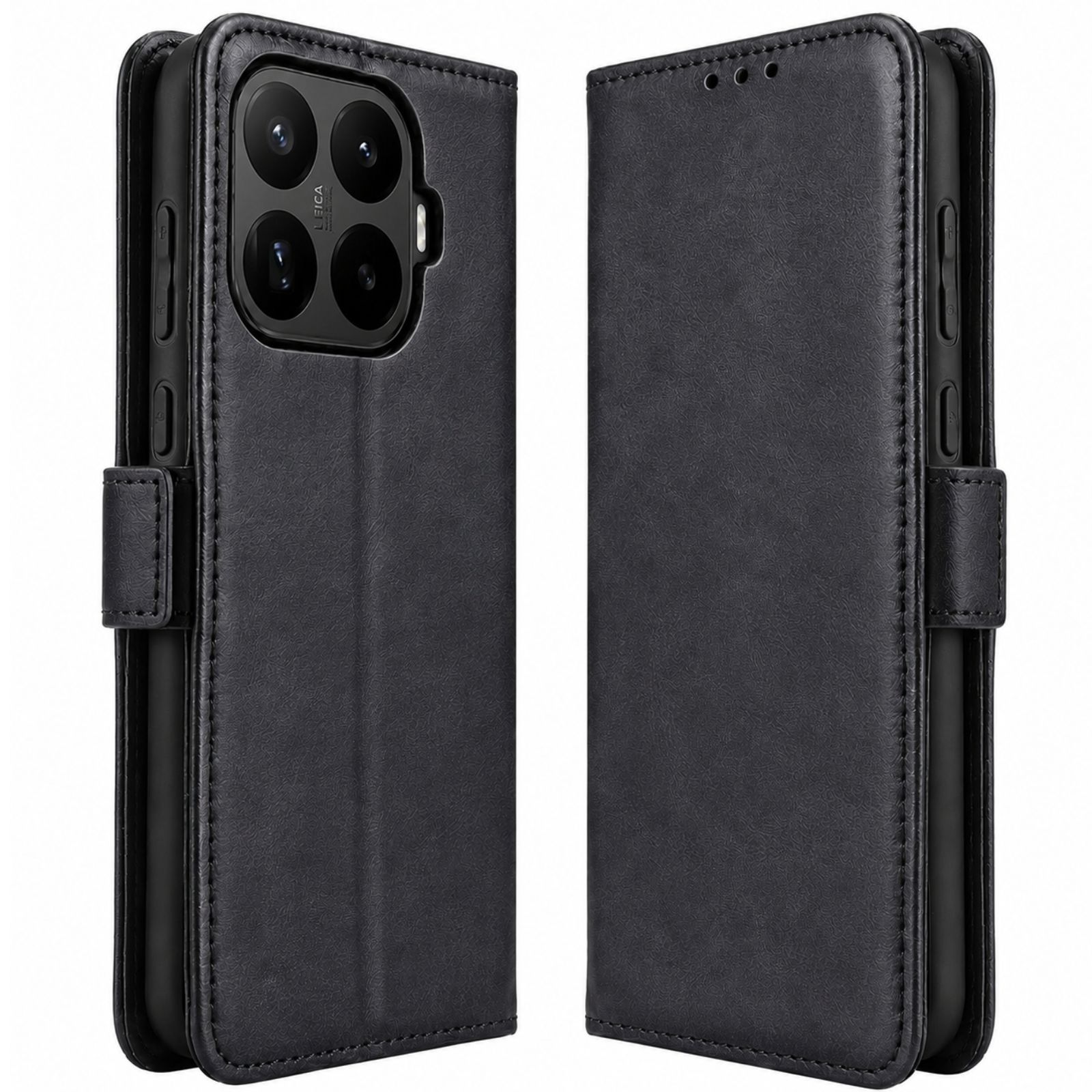 Schwarzes Leder-Flip-Case für ein Smartphone mit vierfacher Kamera.