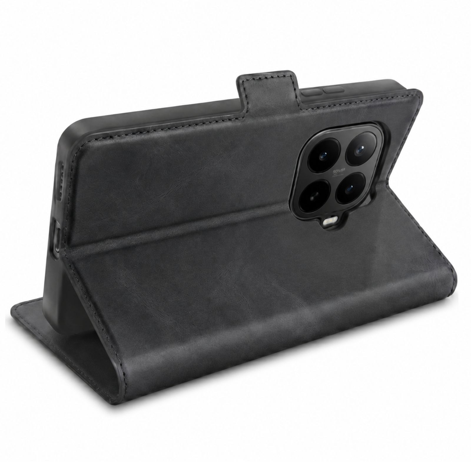 Schwarzes Smartphone mit offenem Lederetui, Kamera sichtbar.