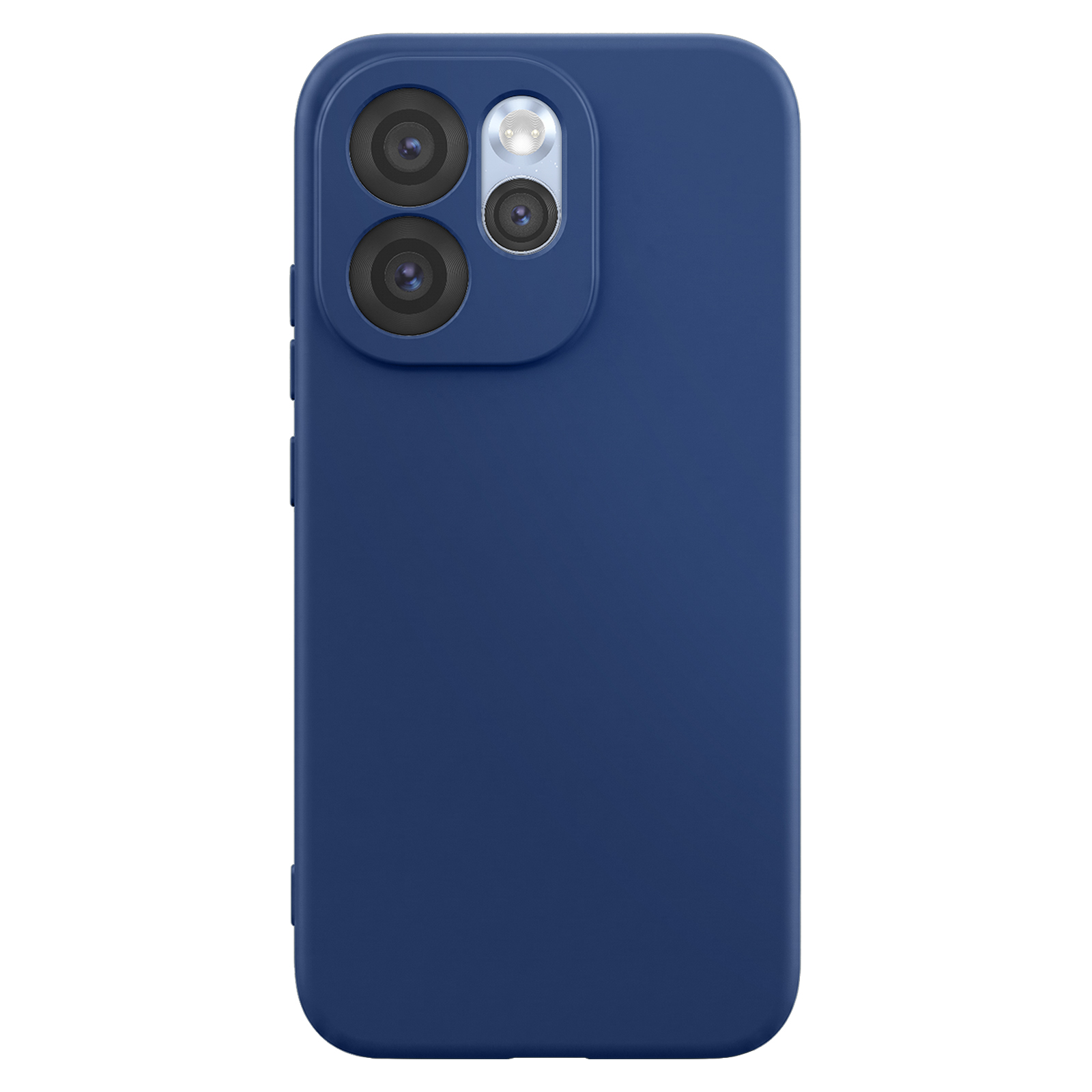 Funda de teléfono azul oscuro con lente de triple cámara y flash.